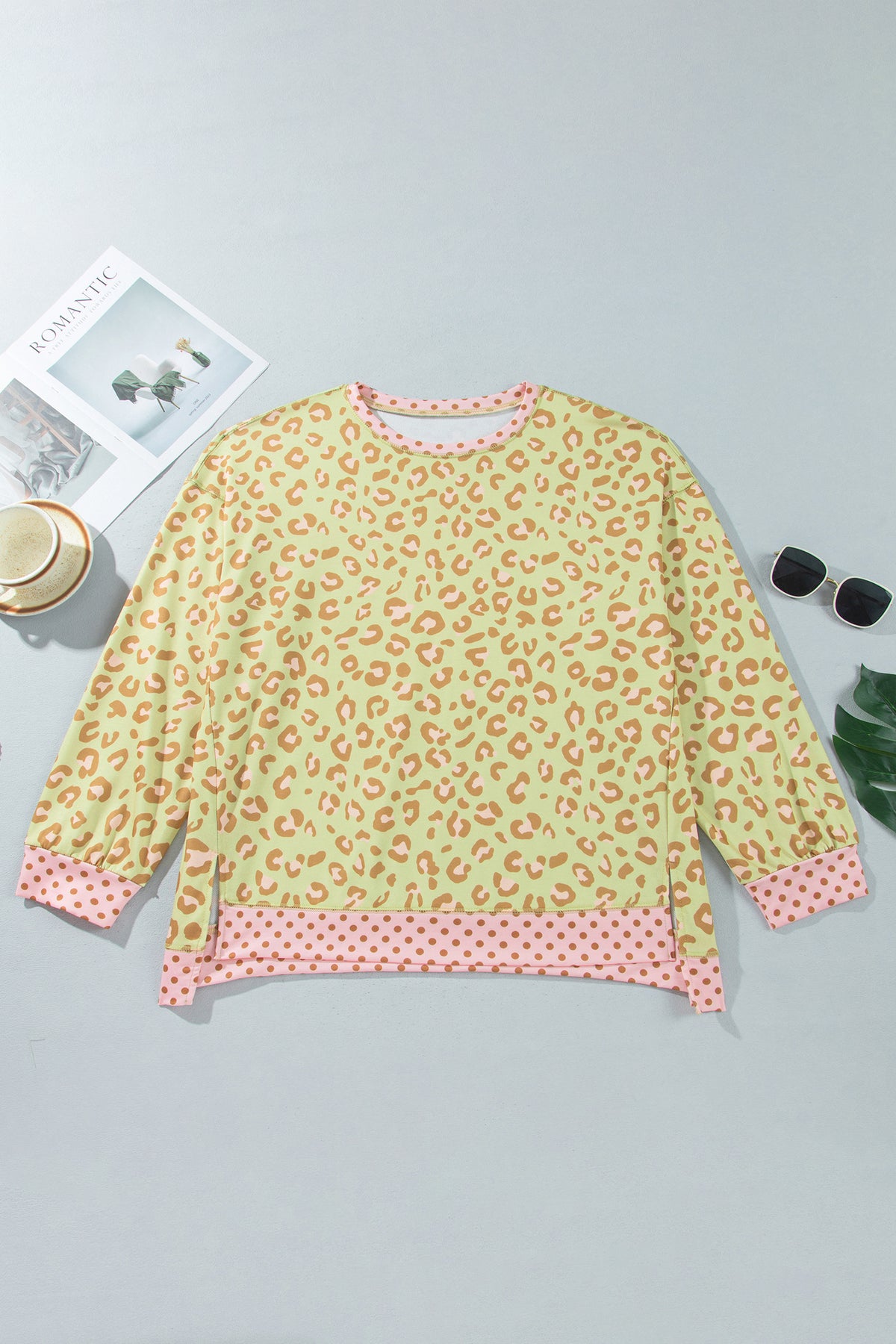 Brown Plus Size Leopard Print Contrast Polka Dot Trim Long Sleeve Top
