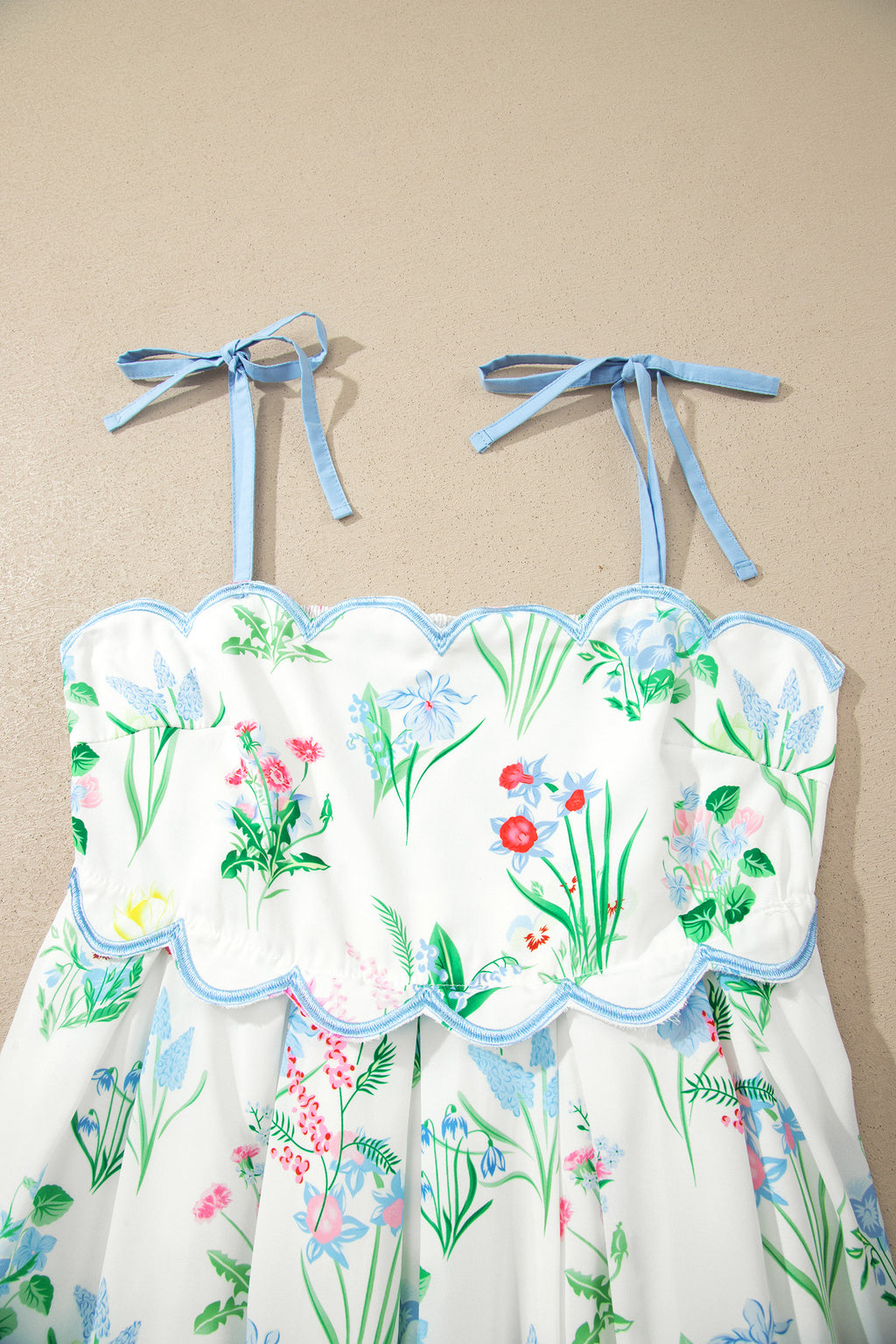 Floral Print Contrast Trim Self-tie Straps Dress