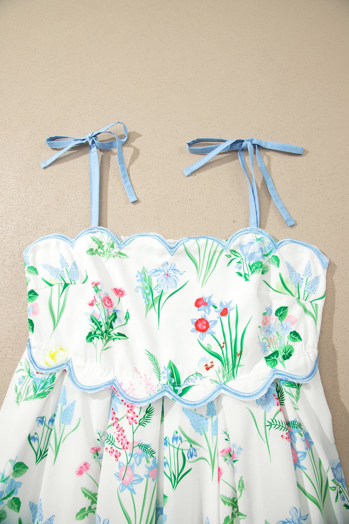 Floral Print Contrast Trim Self-tie Straps Dress