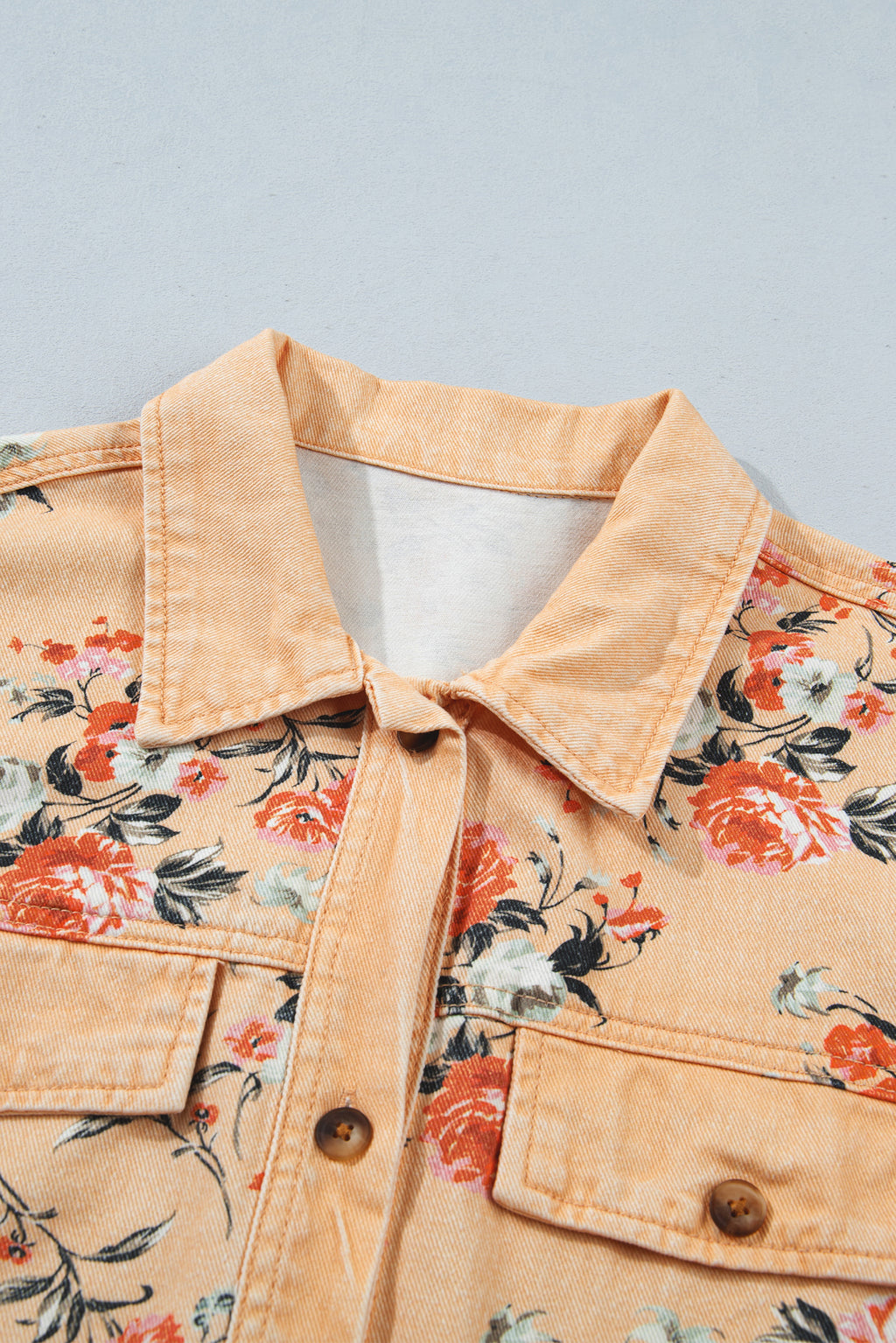 Floral Print Long Sleeve Denim Jacket Tunic Length