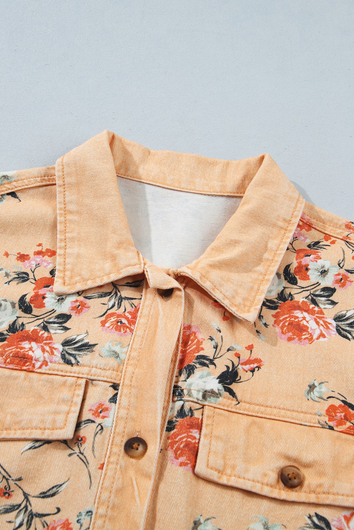 Floral Print Long Sleeve Denim Jacket Tunic Length