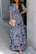 Floral Print Frilled V Neck Short Sleeve Maxi Dress