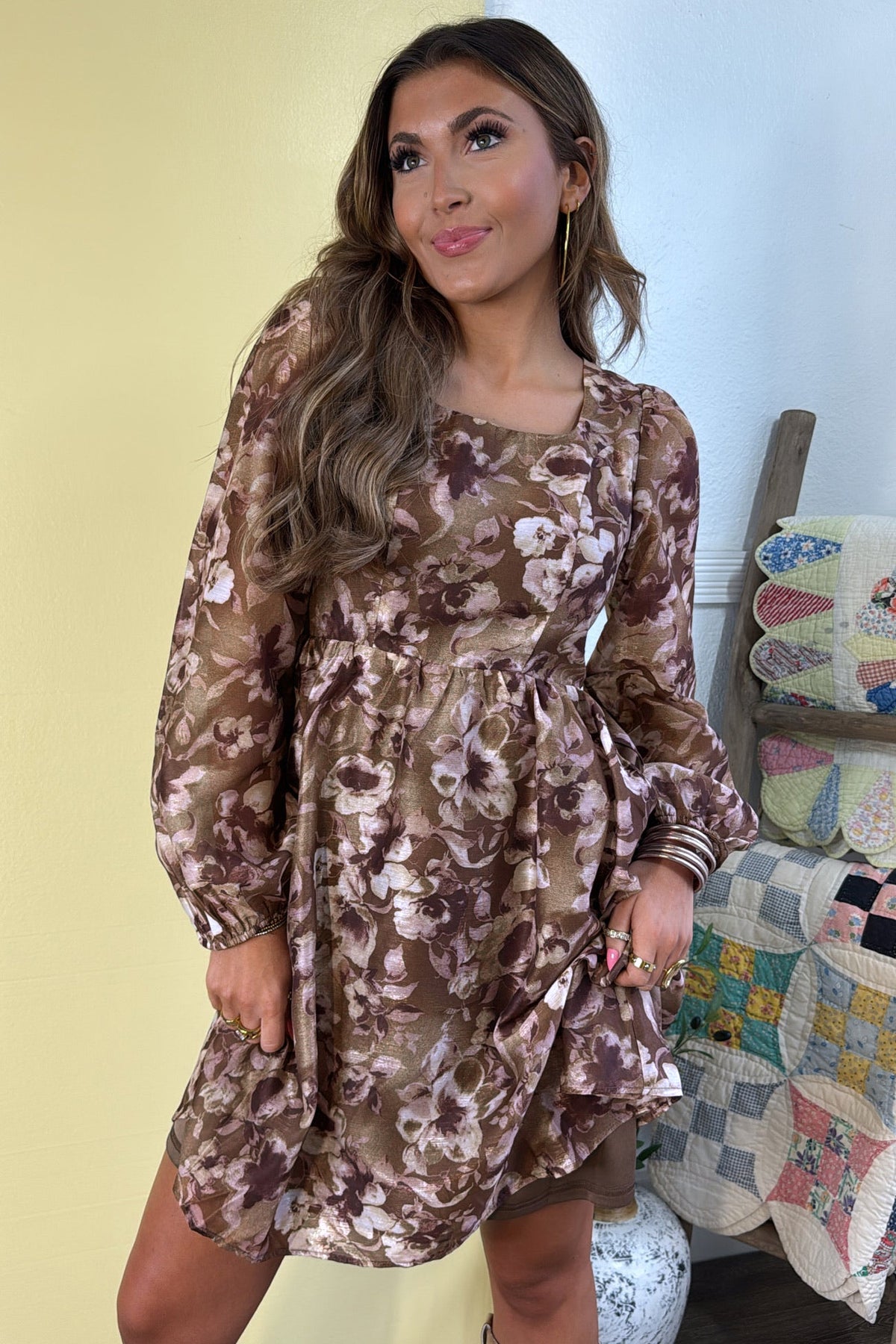 Brown Floral Print Square Neck Dress