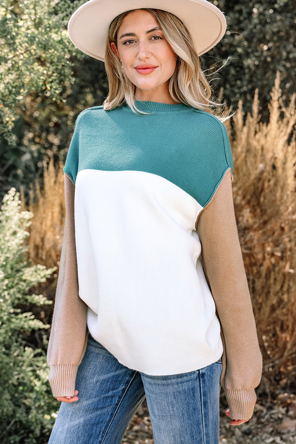 Green Color Block Ribbed Knit Baggy Sweater