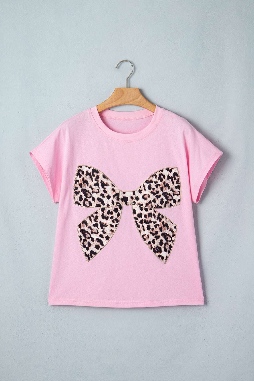 Leopard Bow Embroidered Cotton T Shirt
