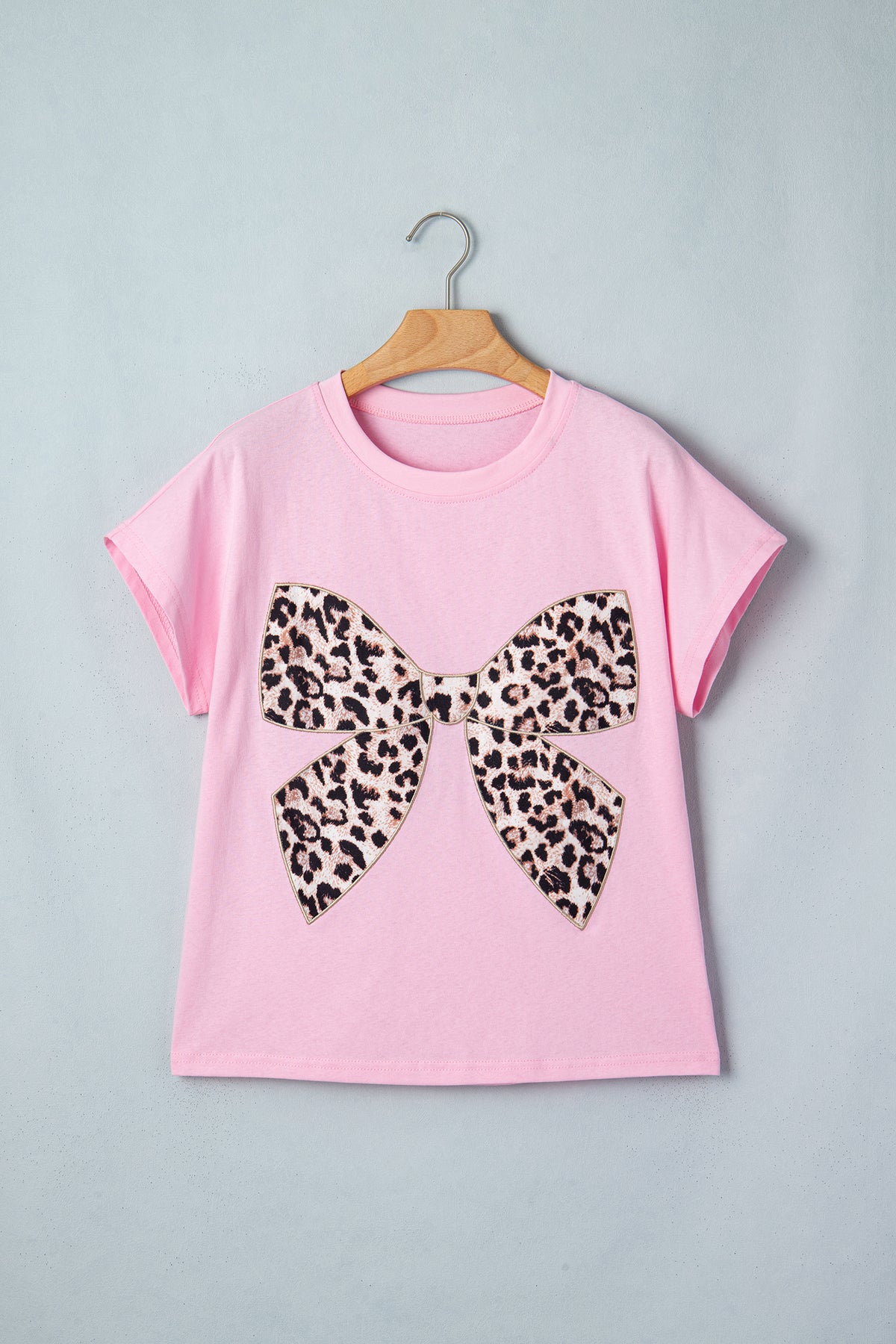 Leopard Bow Embroidered Cotton T Shirt