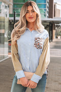 Sky Blue Stripe Leopard Patchwork Shirt