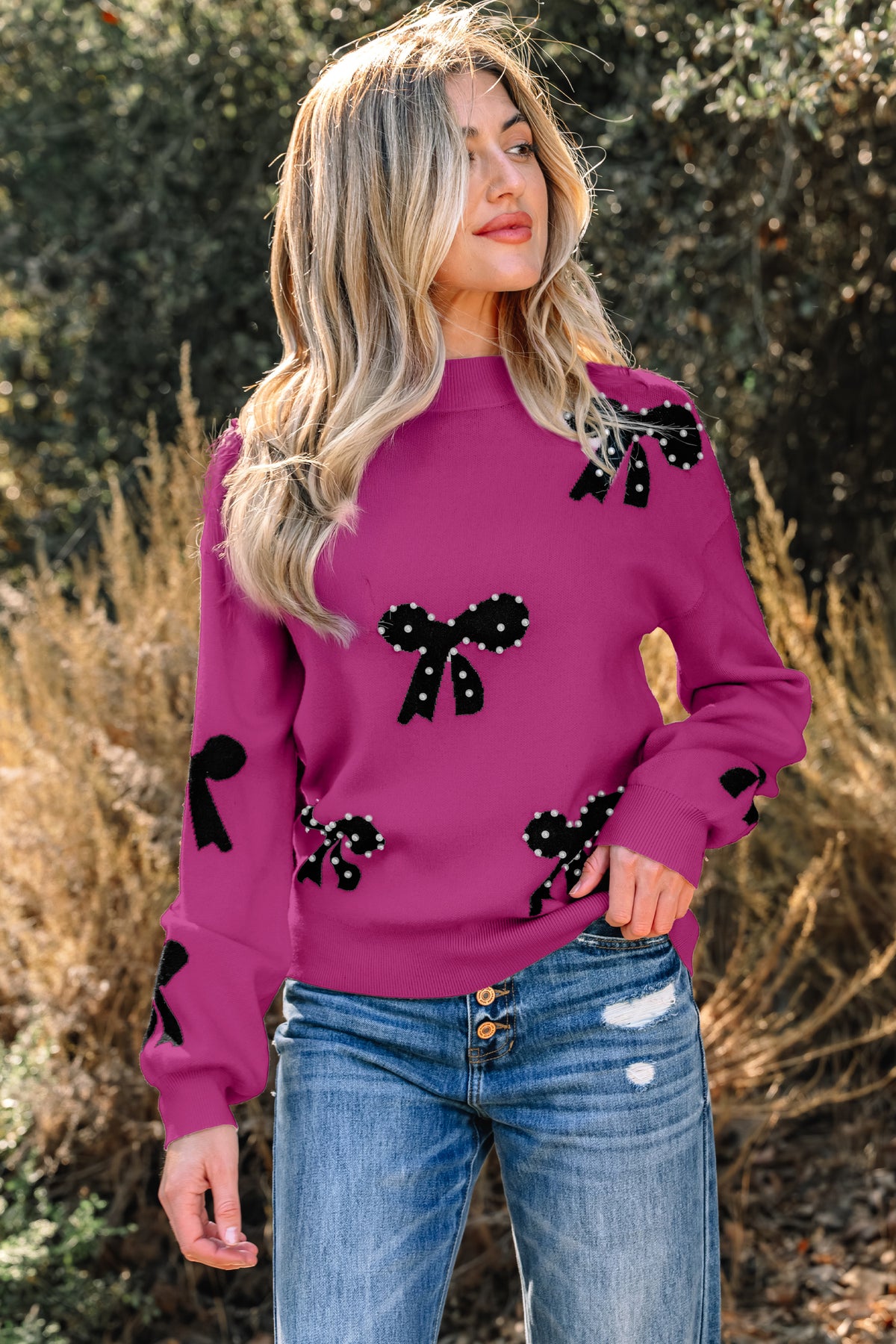 Pink Pearl Embellished Bow Pattern Sweater