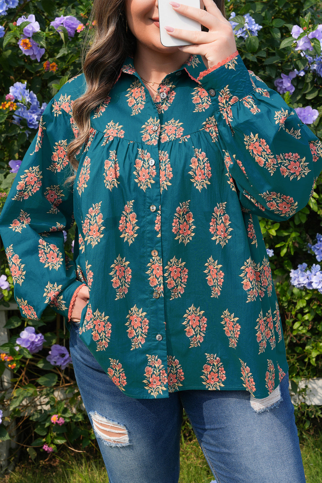 Green Plus Size Floral Print Shirt