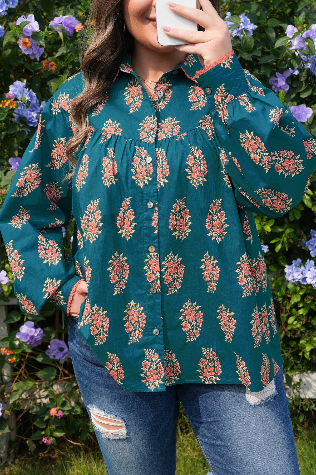Green Plus Size Floral Print Shirt
