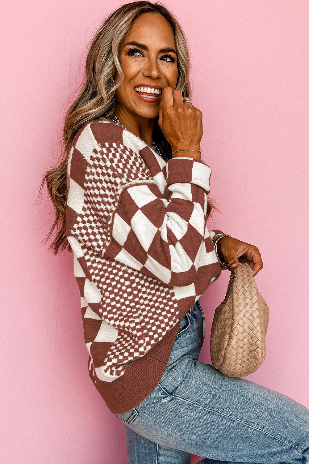 Checkered Print Round Neck Sweater