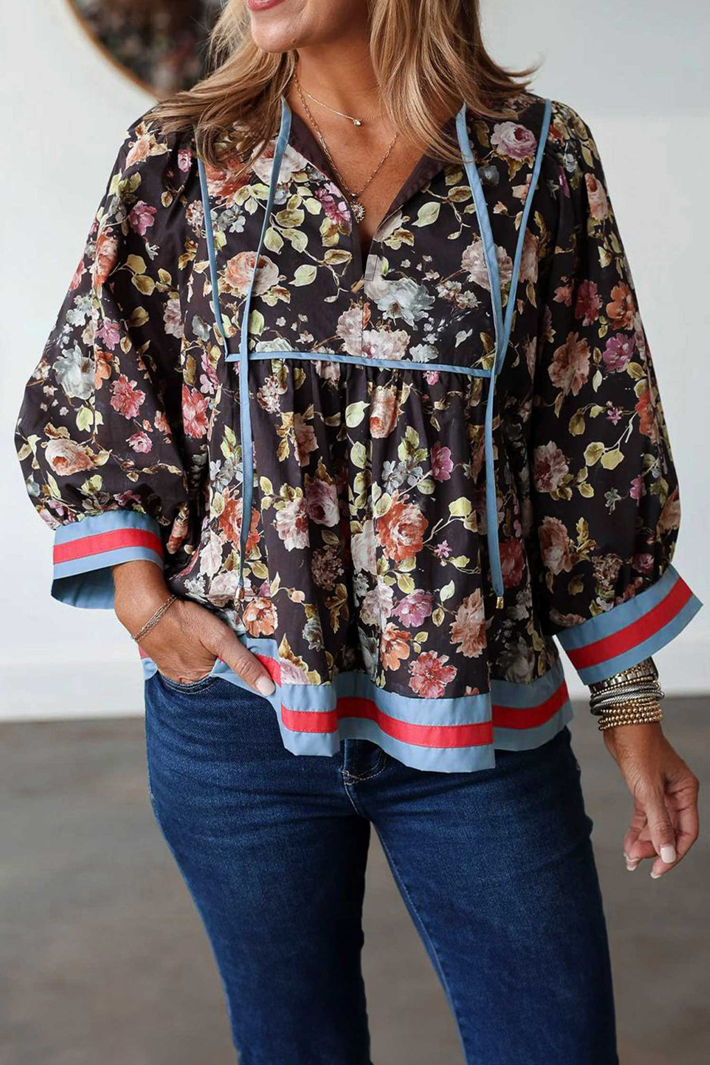 Floral Print Bracelet Sleeve Blouse