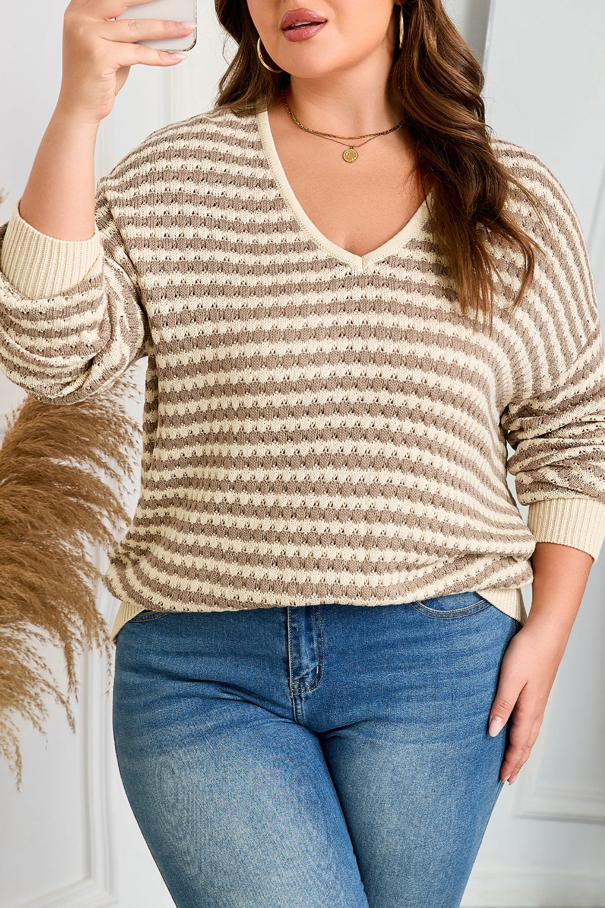 Khaki Stripe Plus Size V Neck Drop Shoulder Sweater