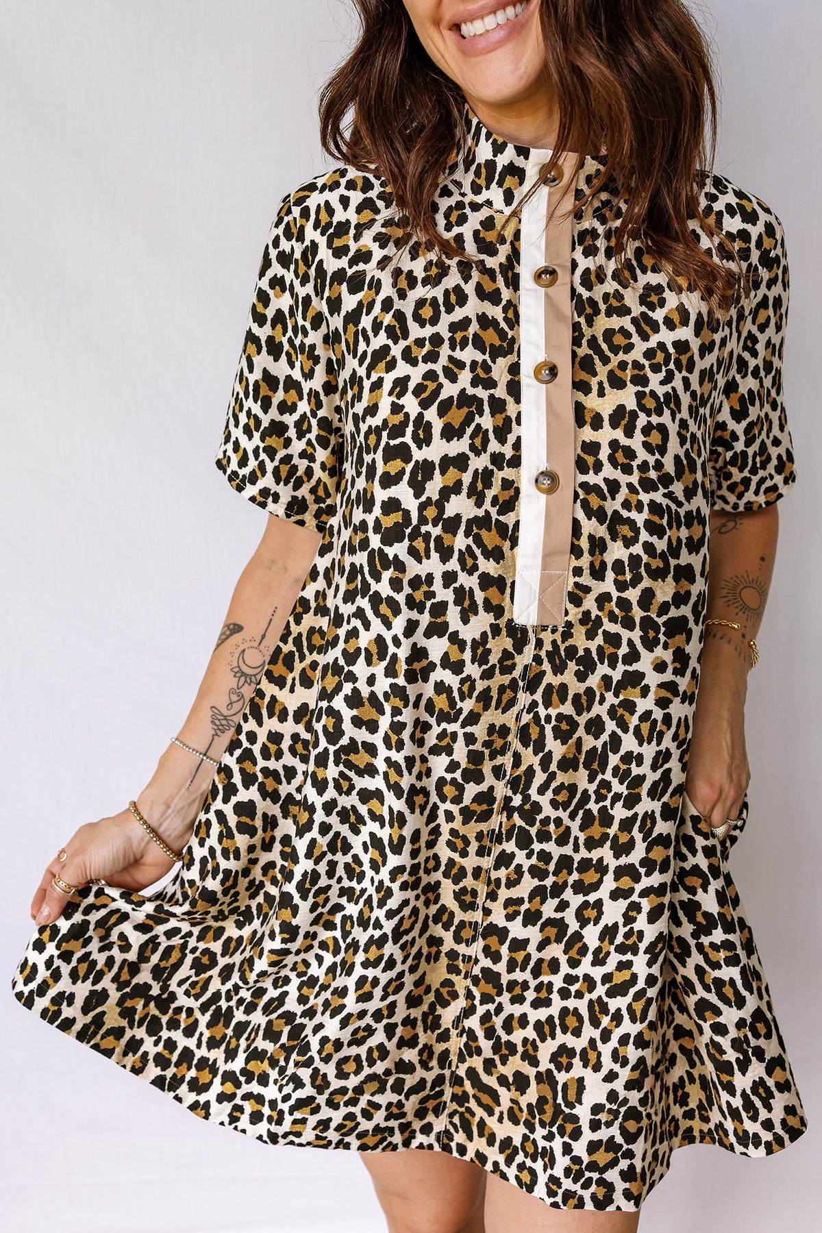 Short Sleeve Loose Leopard Mini Dress with Pockets