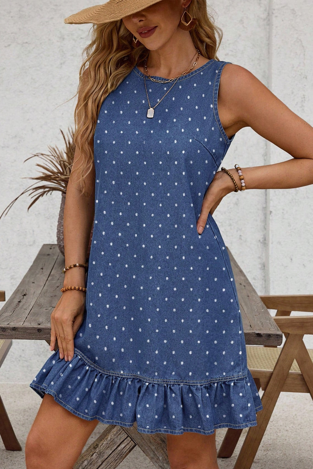 Blue Polka Dot Ruffle Hem Sleeveless Denim Dress