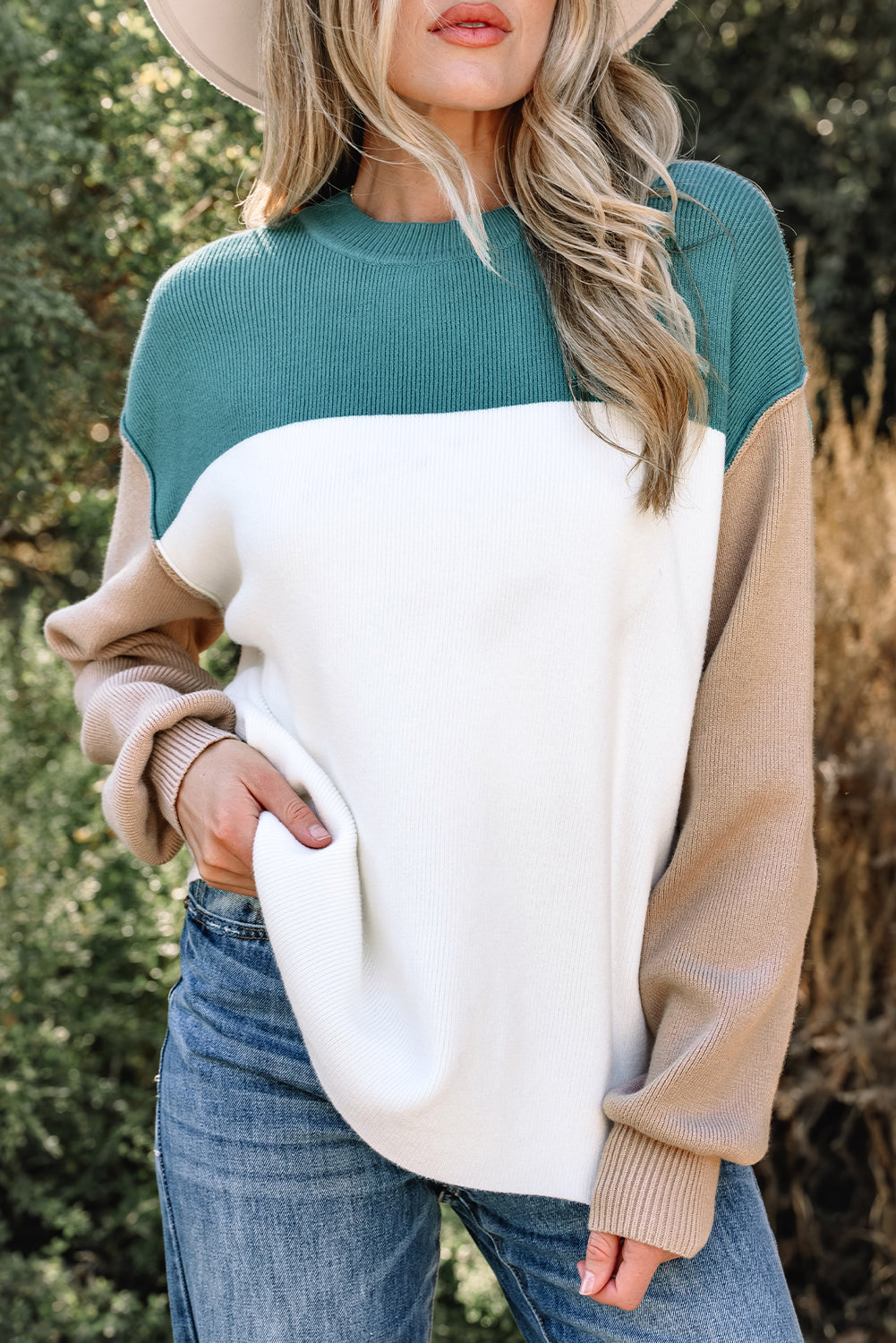 Green Color Block Ribbed Knit Baggy Sweater