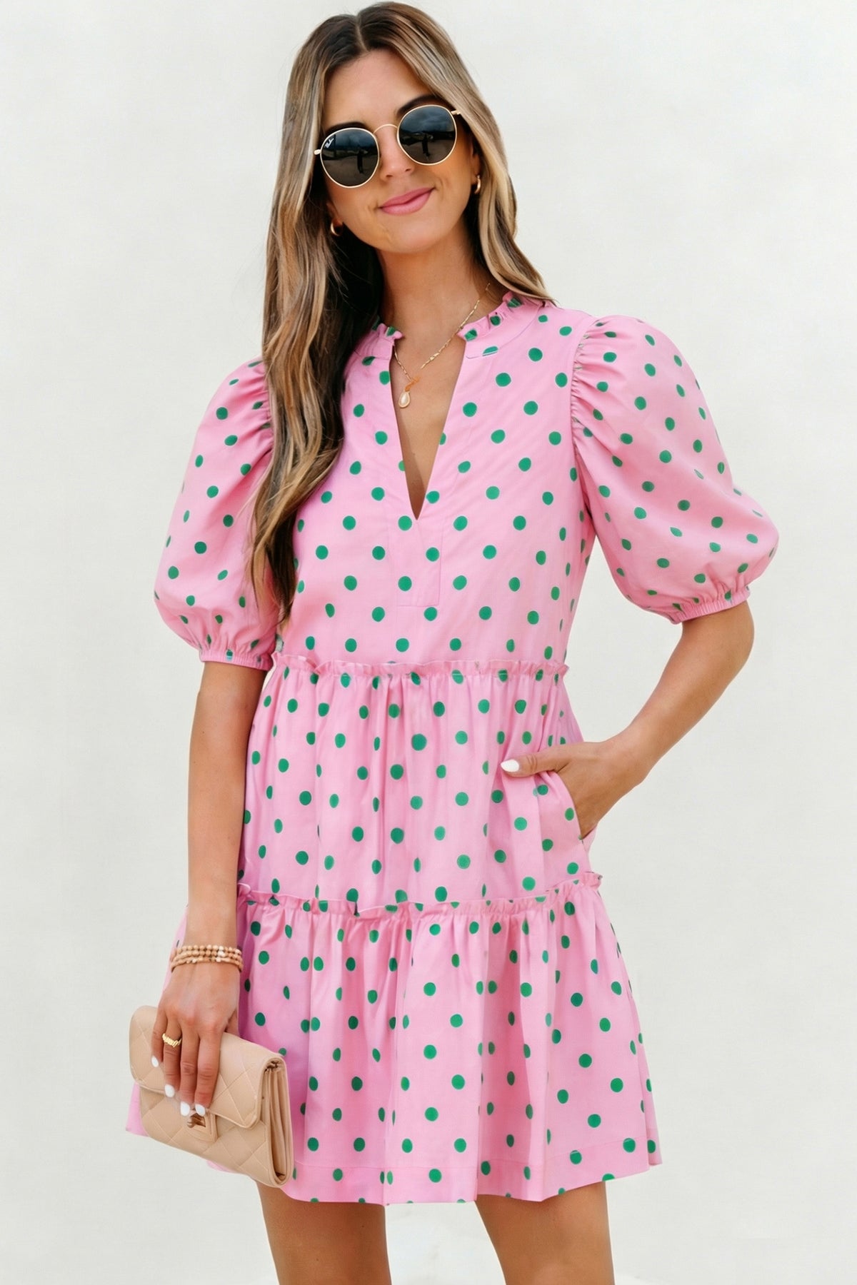Pink Polka Dot Print Dress