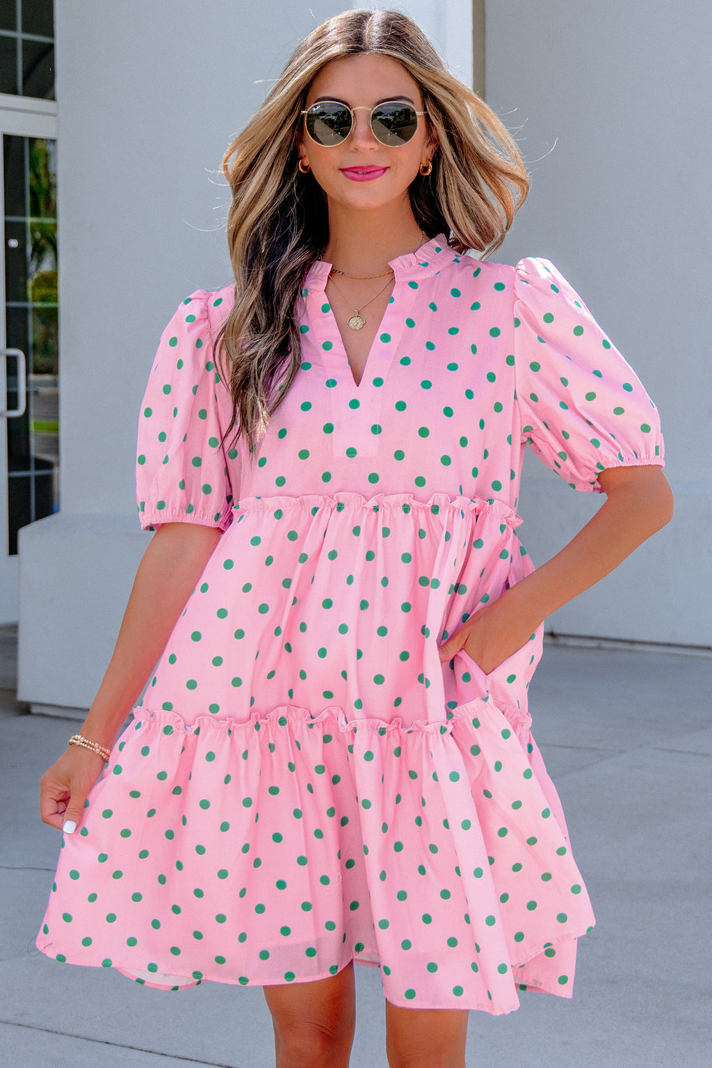 Pink Polka Dot Print Dress