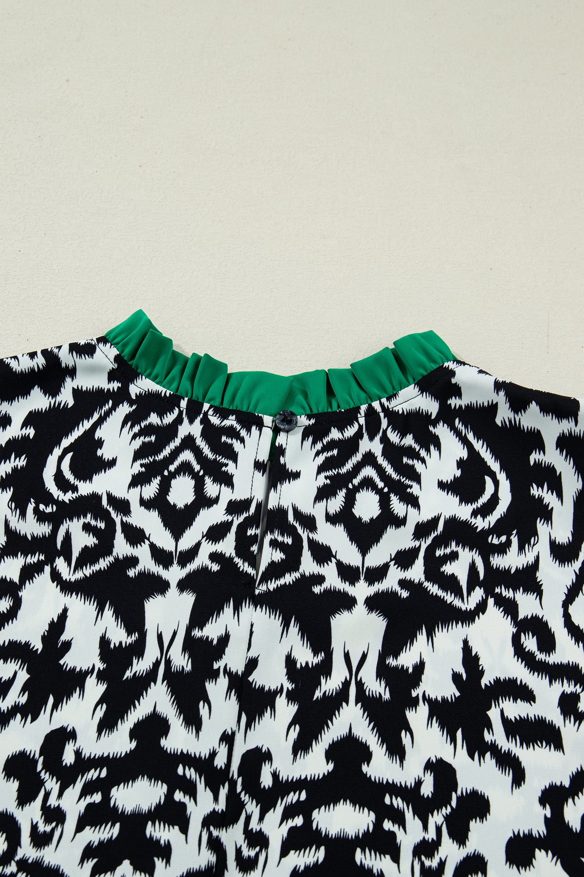 Green Damask Print Ruffled Blouse