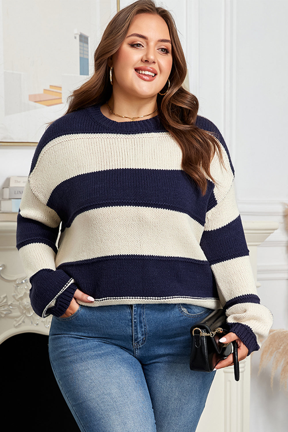 Khaki Stripe Color Block PLus Size Drop Shoulder Sweater