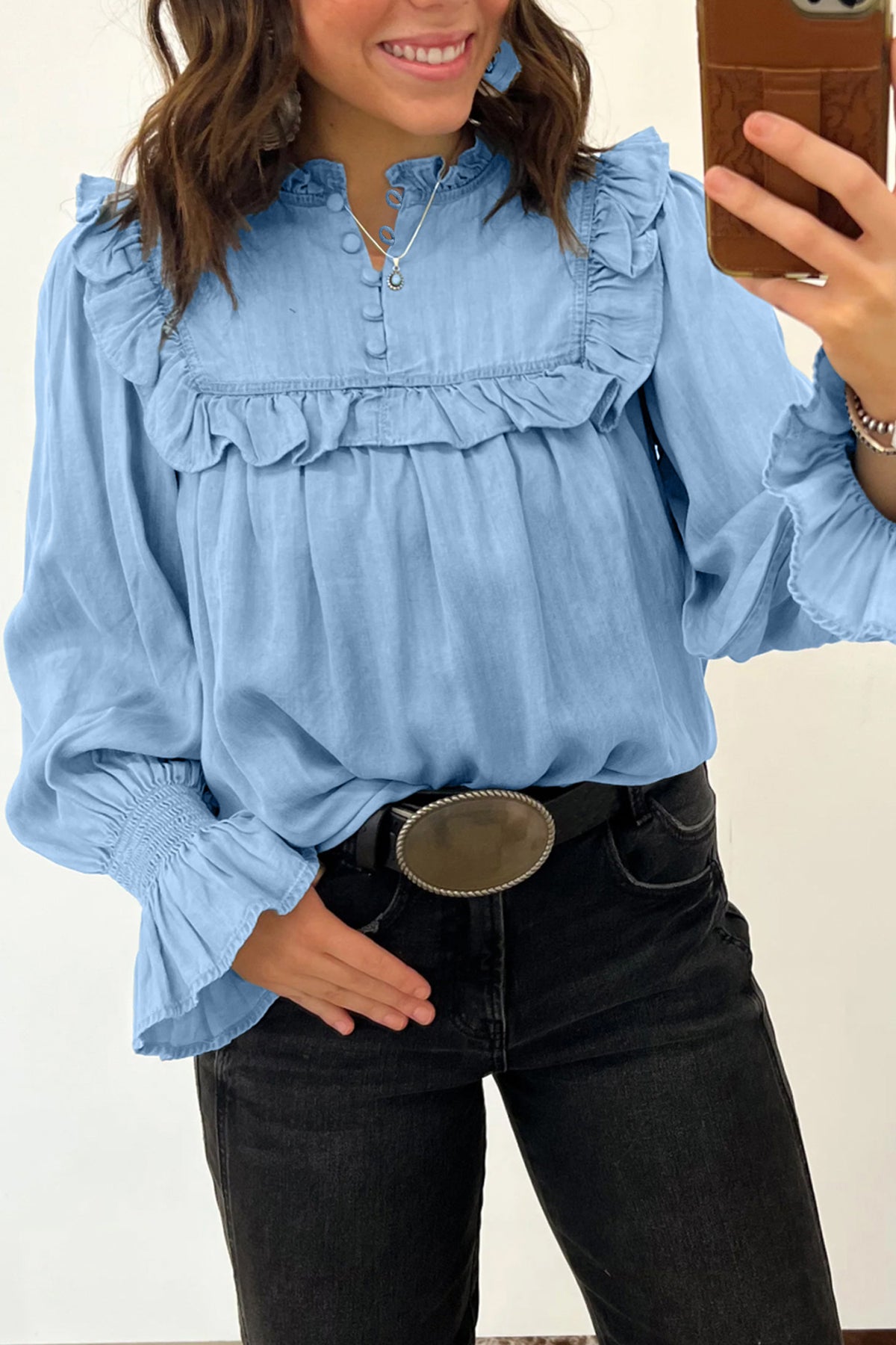 Western Ruffle Long Sleeve  Blouse