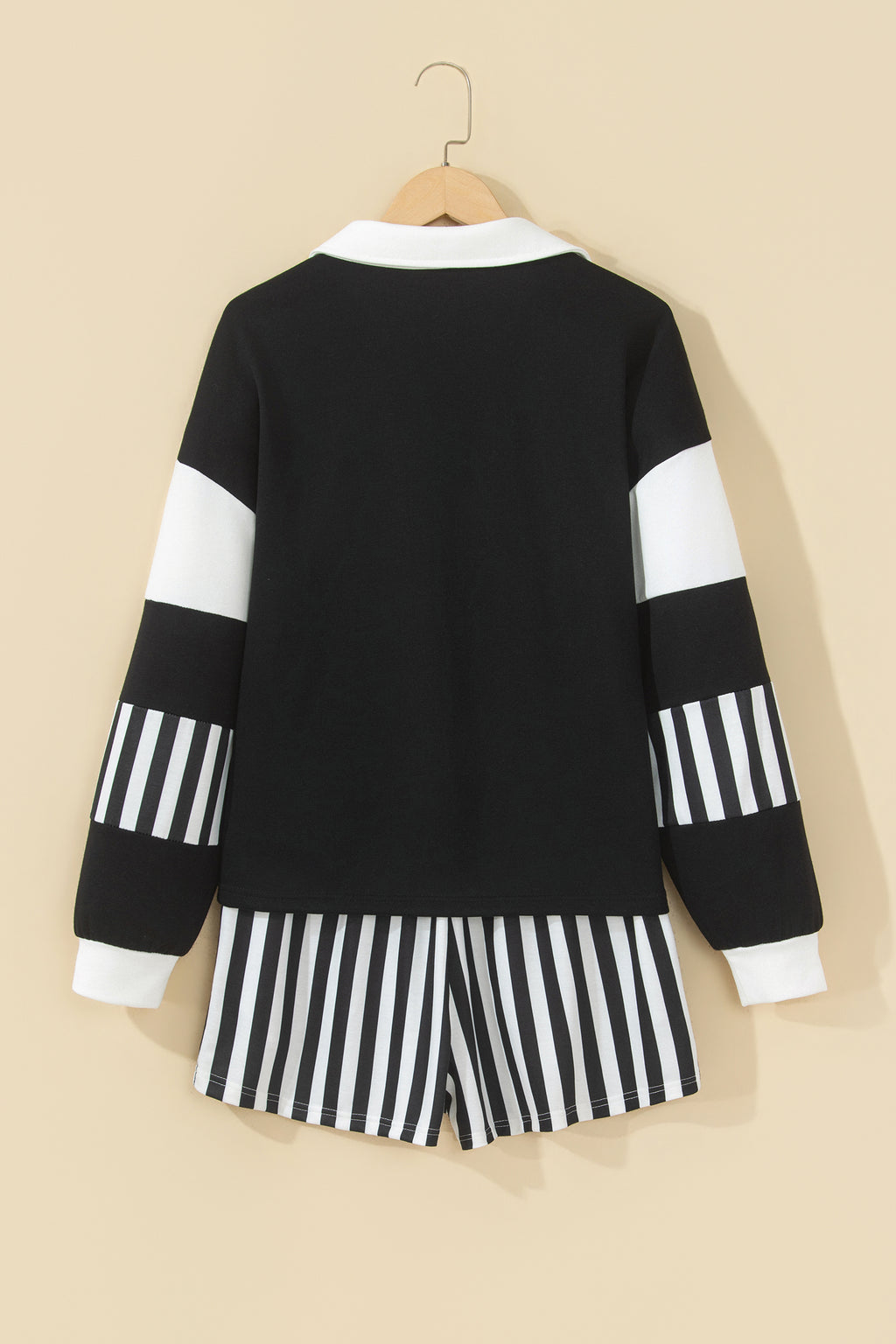 Smoke Green Striped Color Block Pullover Top Drawstring Shorts Set