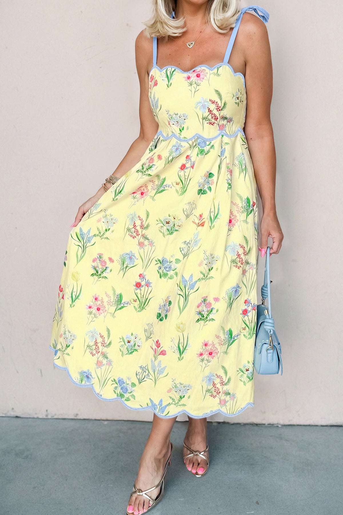 Floral Print Contrast Trim Self-tie Straps Dress