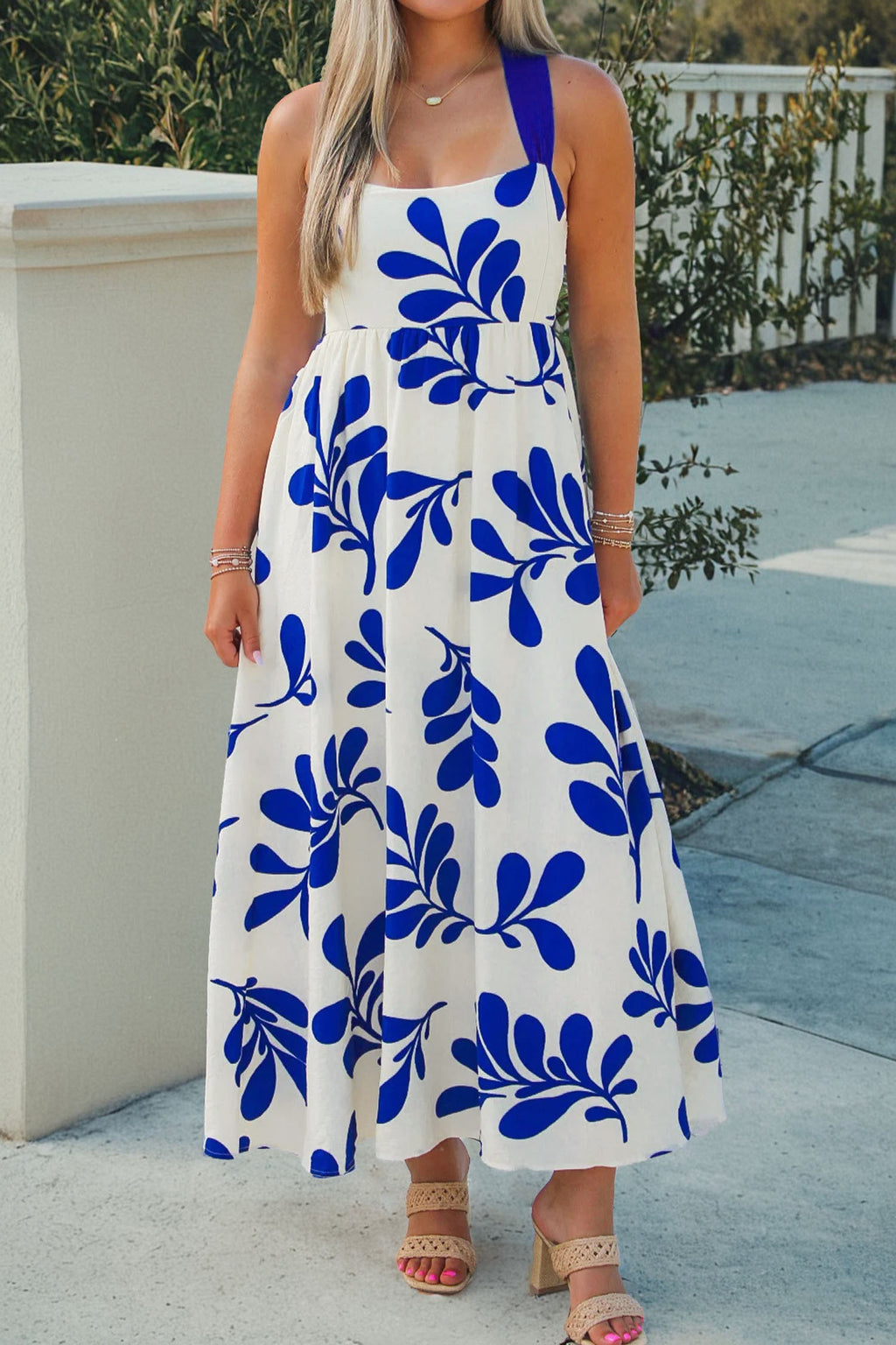 Blue Floral Print Crisscross Tie Back Sleeveless Dress