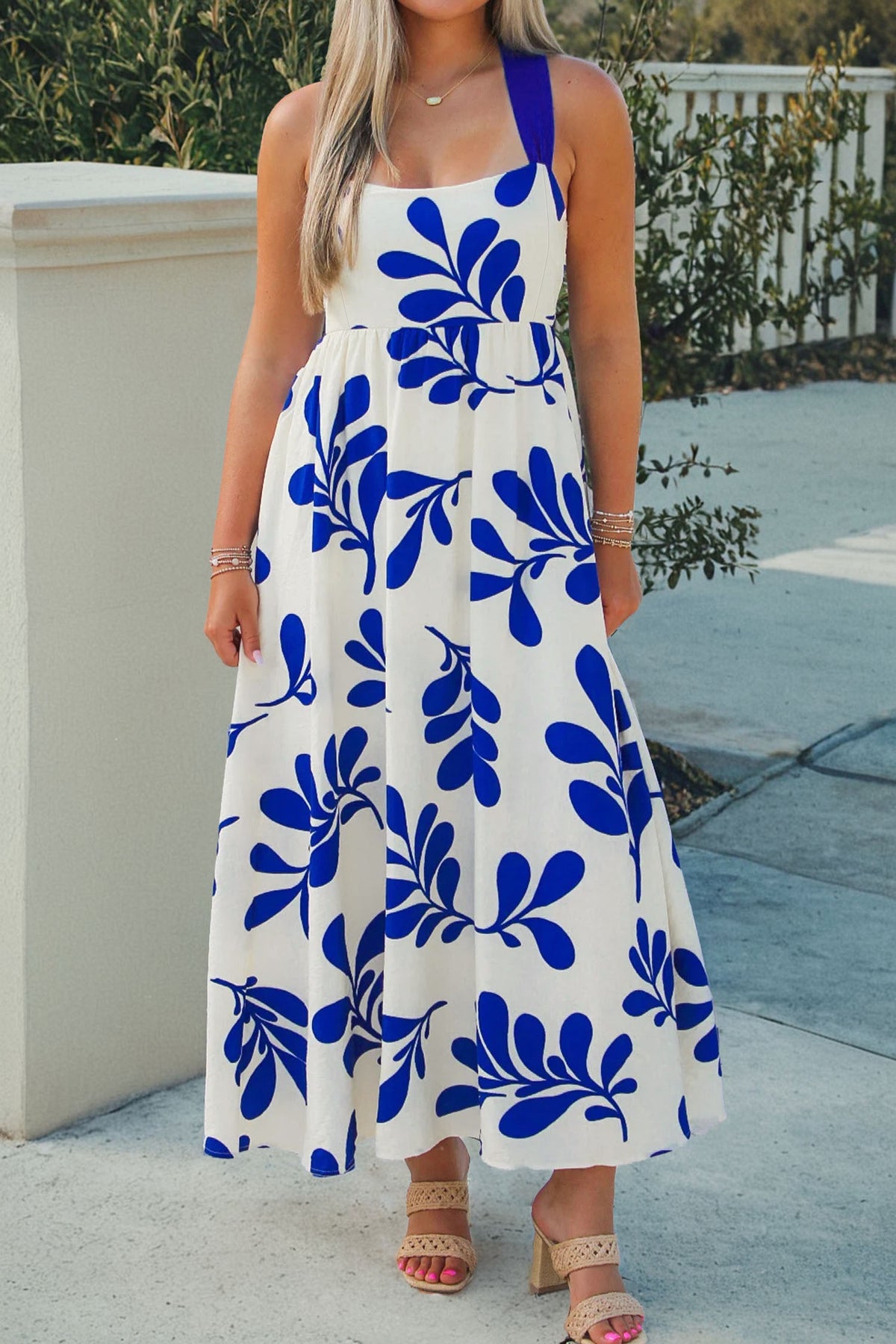 Blue Floral Print Crisscross Tie Back Sleeveless Dress