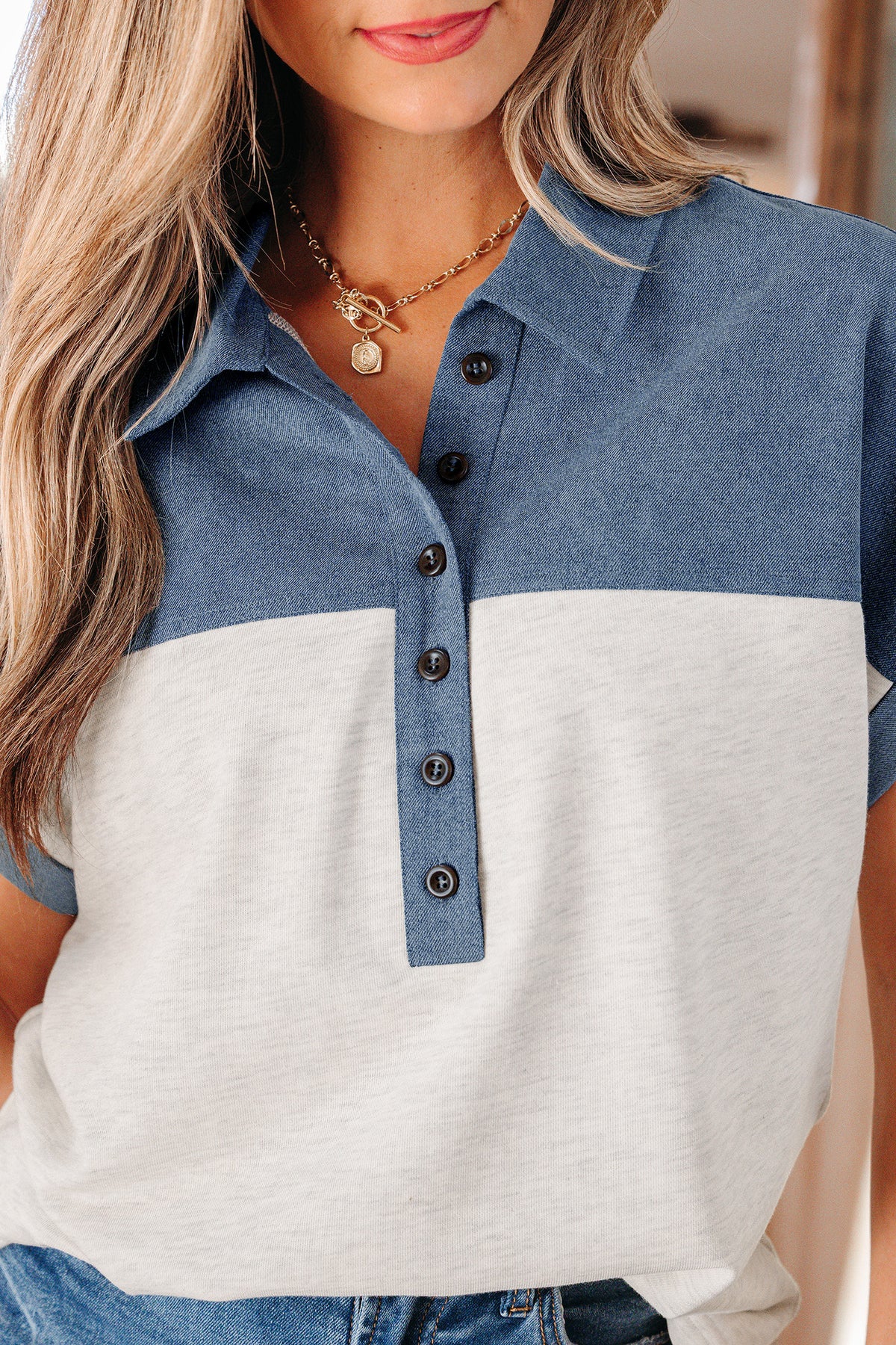 Denim Polo Collar Short Sleeve Top