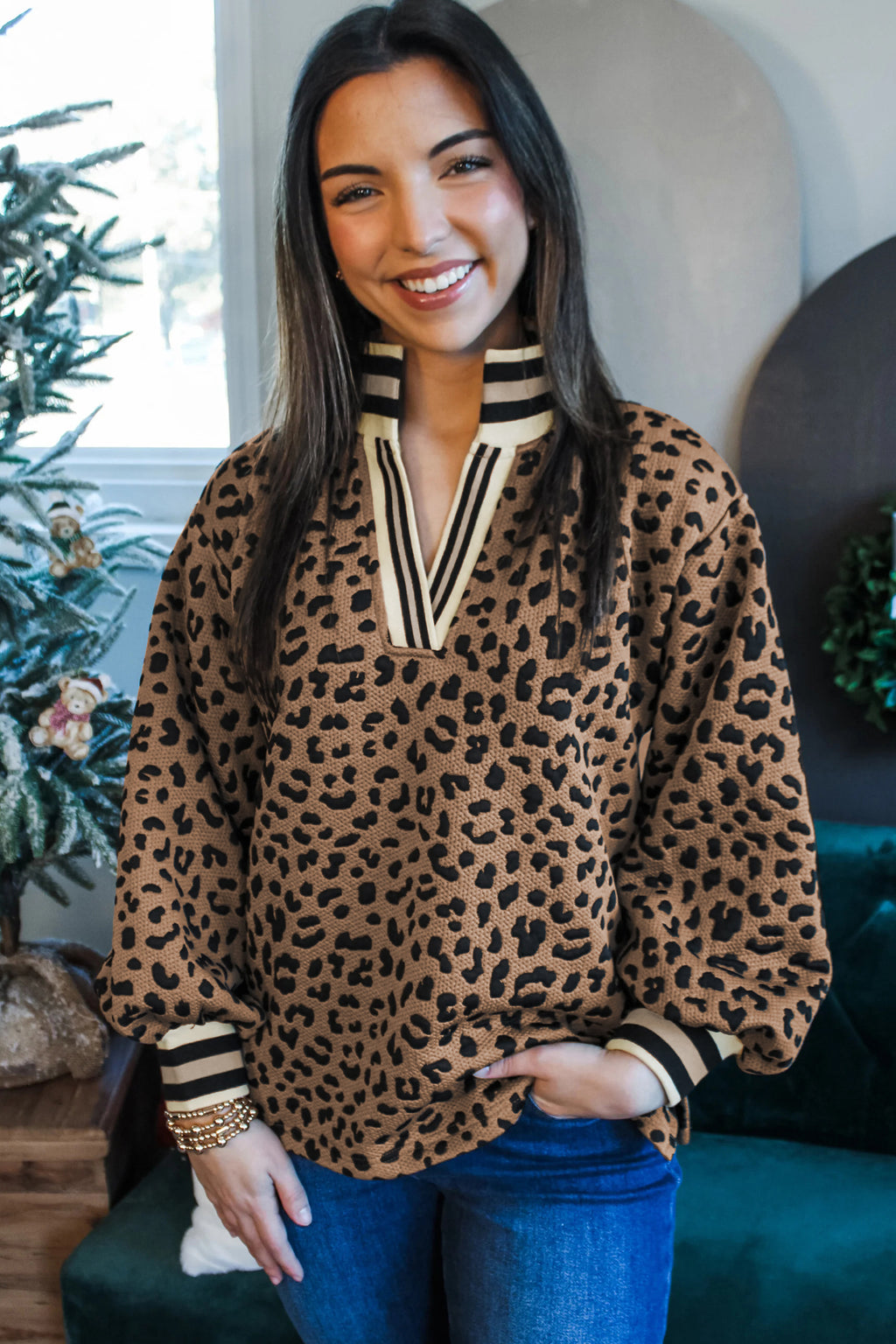 Brown Leopard Print Long Sleeve Pullover