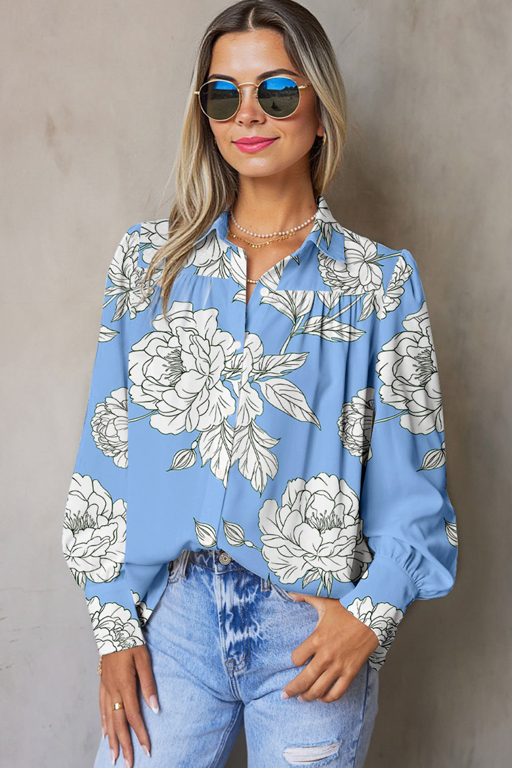Sky Blue Floral Print Button Up Shirt