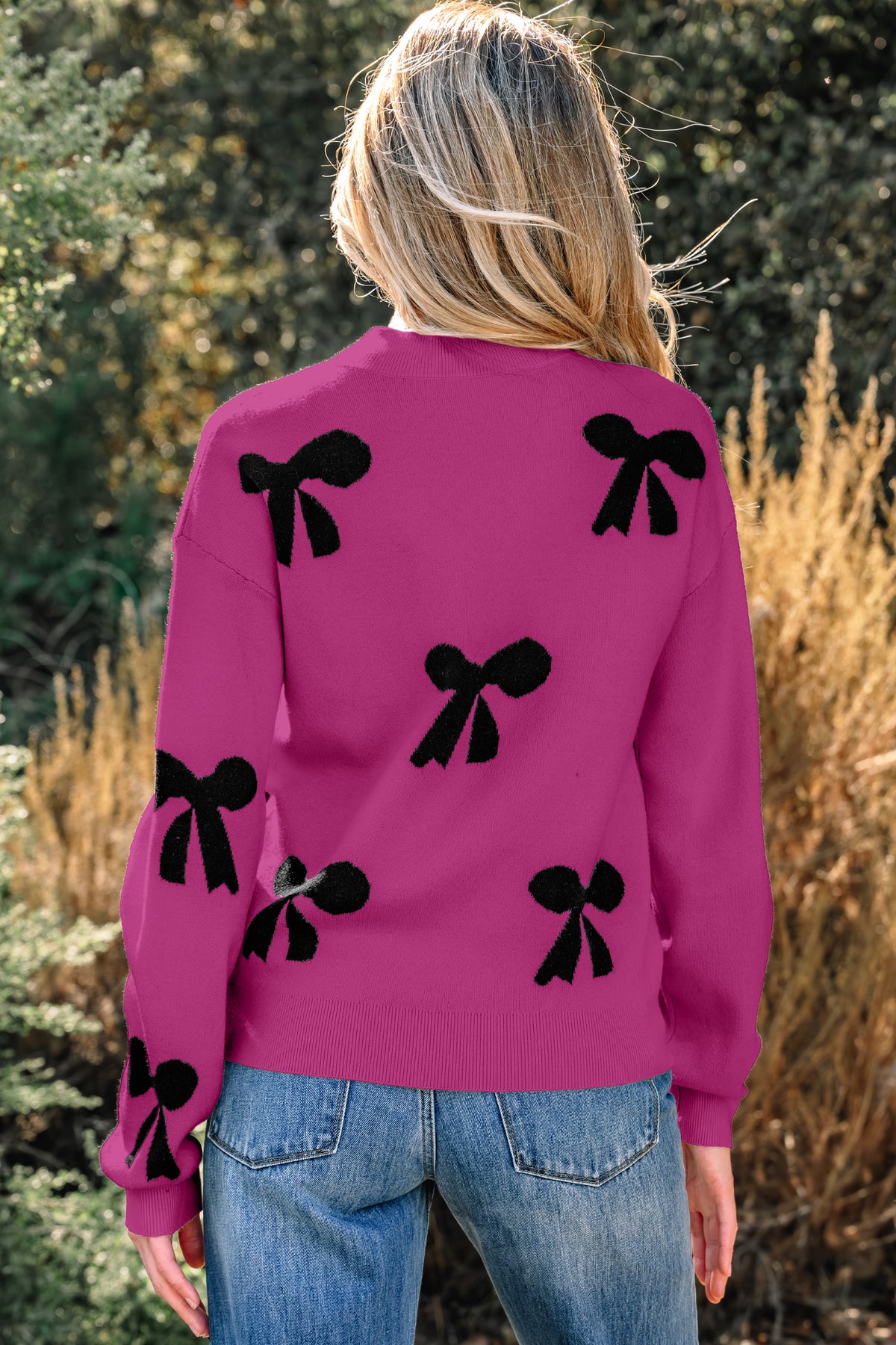 Pink Pearl Embellished Bow Pattern Sweater