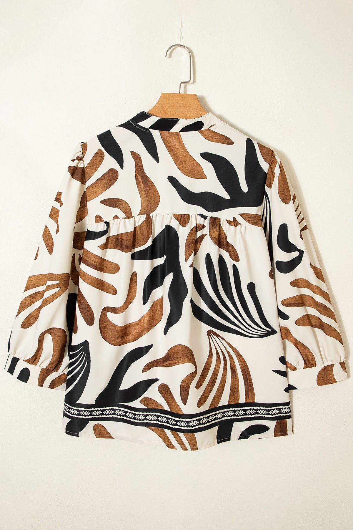 Brown Abstract Print Puff Sleeve Loose Blouse