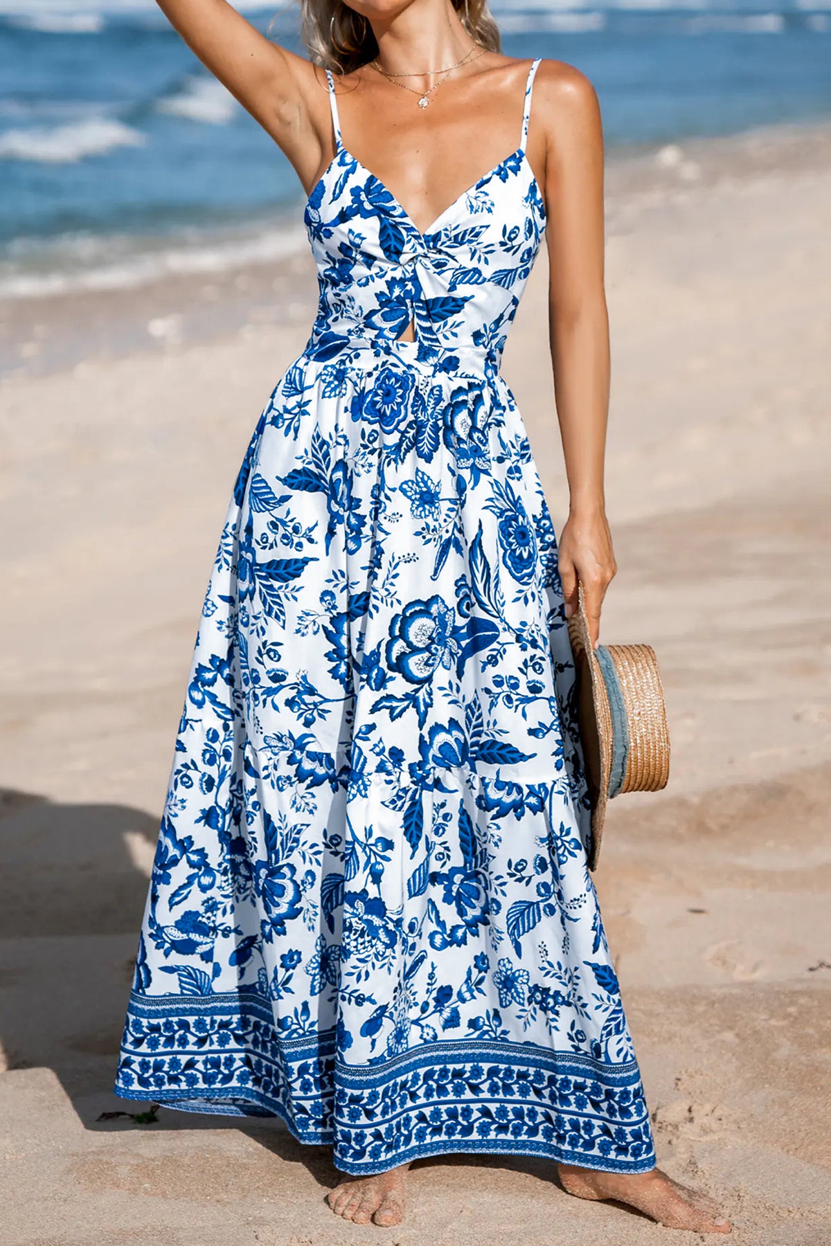 Sky Blue Spaghetti Straps Backless Floral Maxi Dress