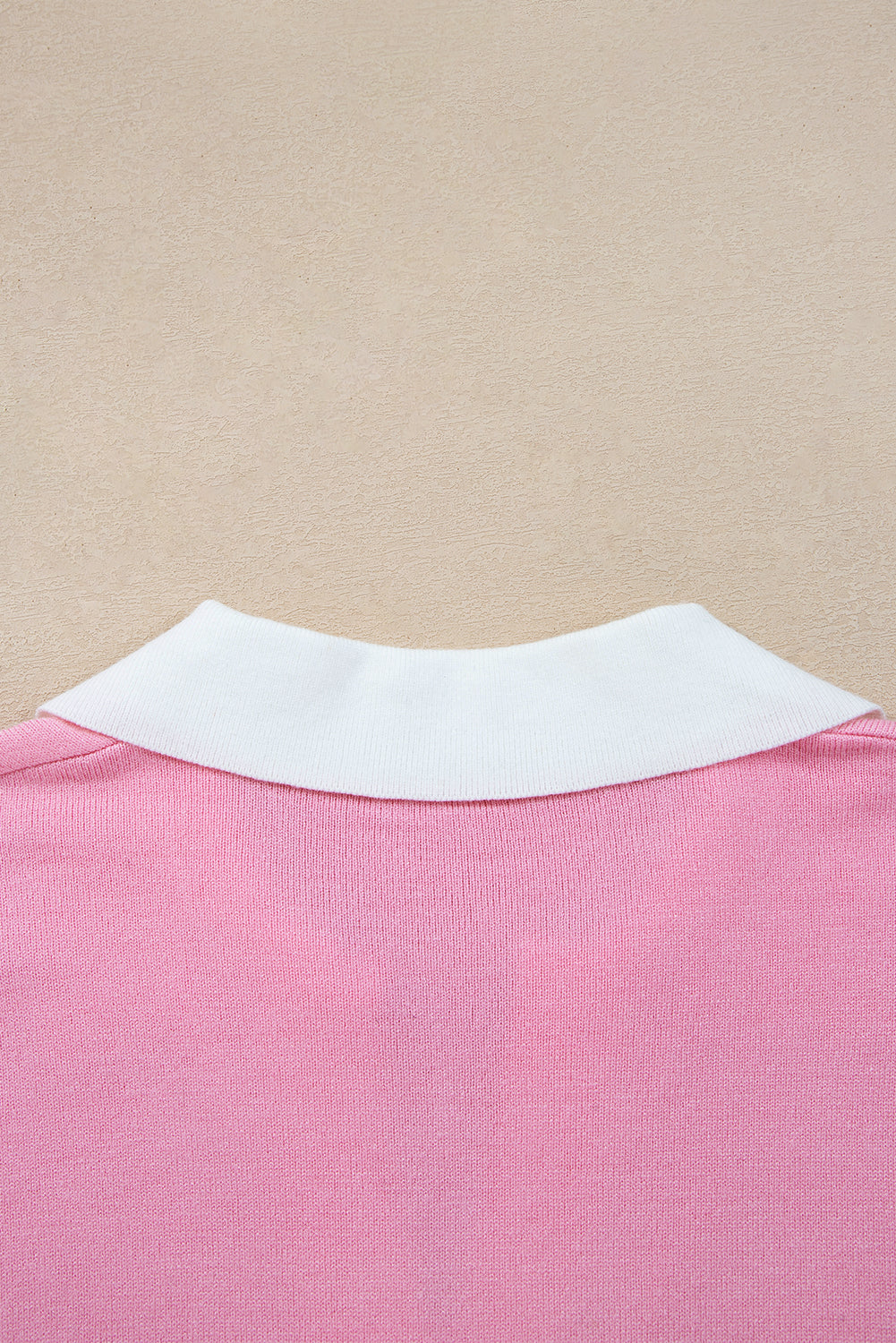 Pink Contrasting Polo Collar Color Block Knit Drop Shoulder Sweater