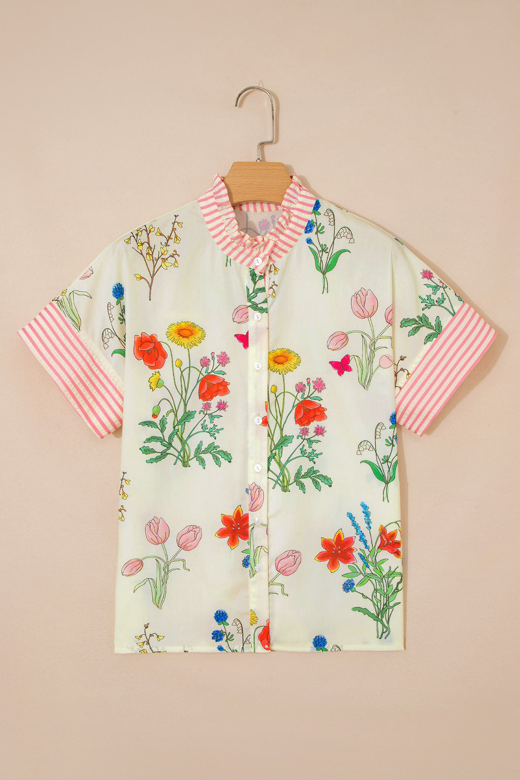 Beige Floral Striped Patchwork Ruffled Collar Shirt