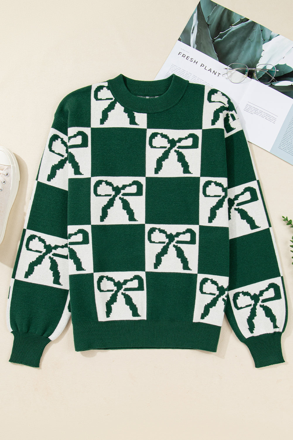 Green Checkered Bow Casual Sweater
