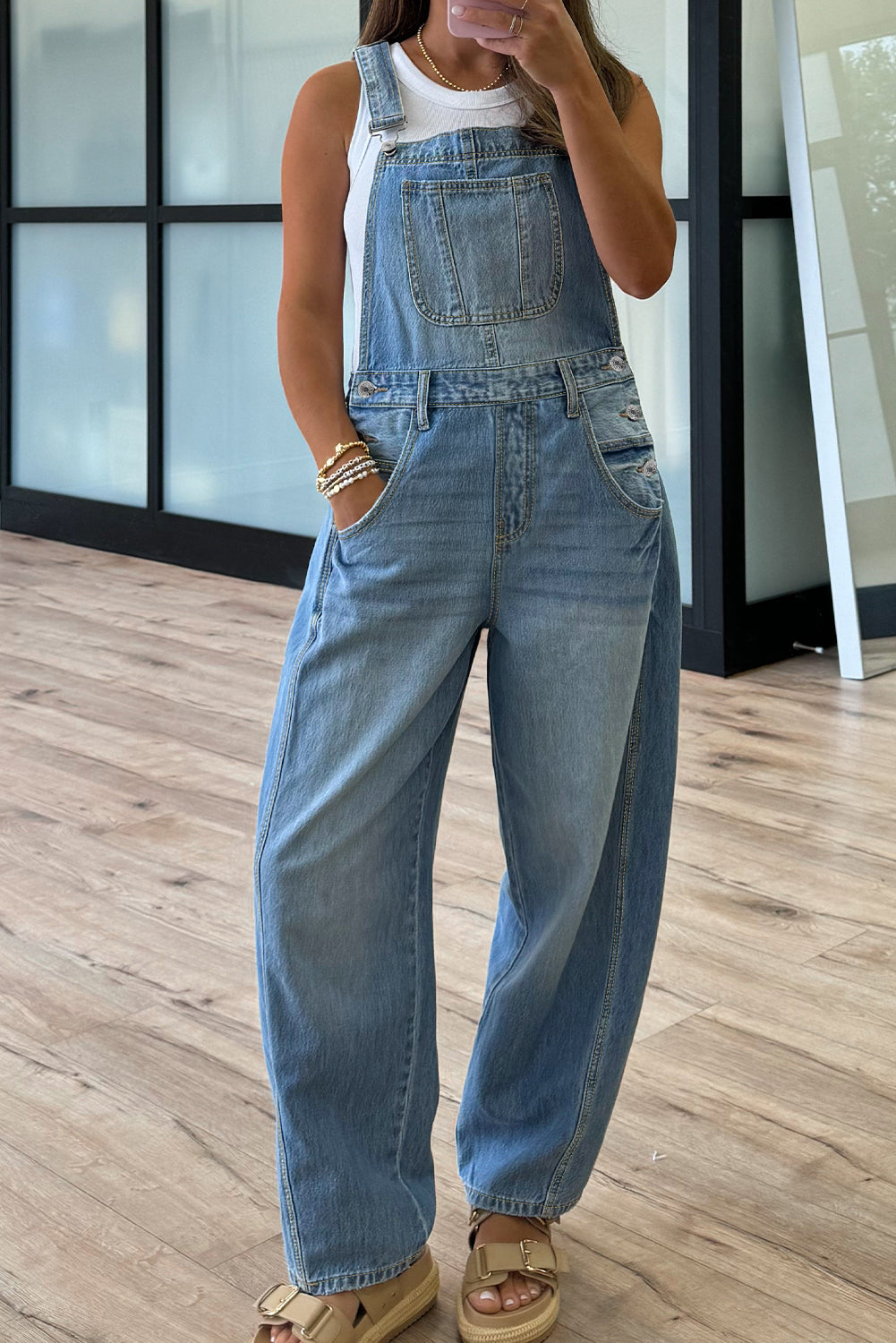 Dusk Blue Adjustable Buckle Barrel Denim Overalls