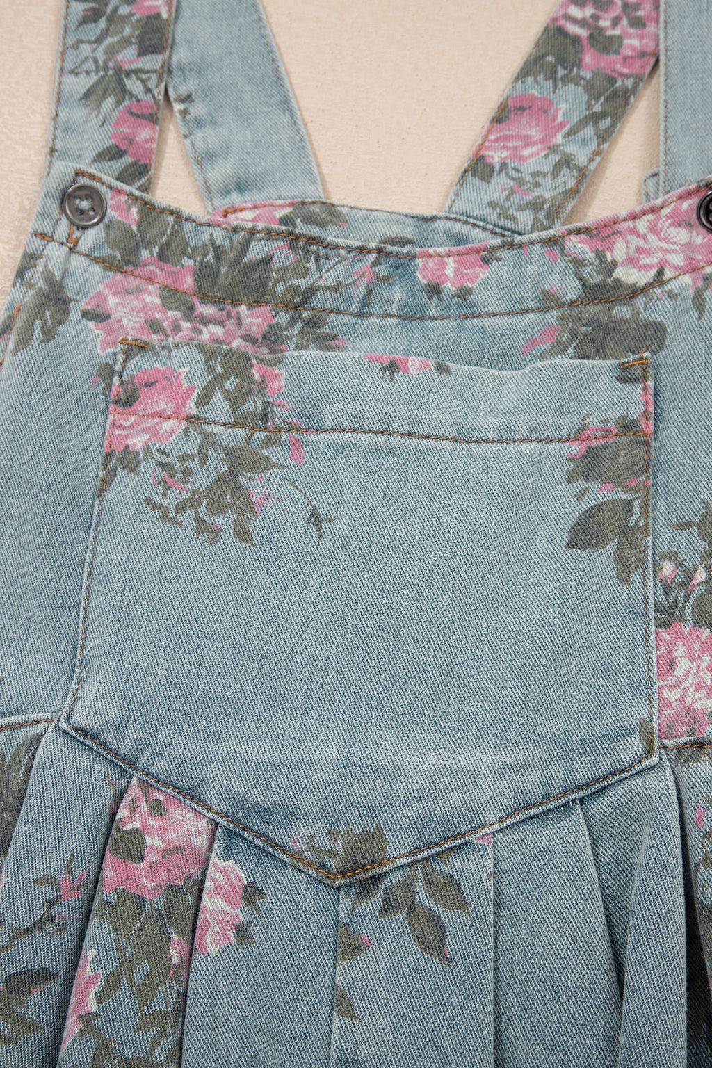 Floral Print Pleated Wide Leg Denim Jumpsuit