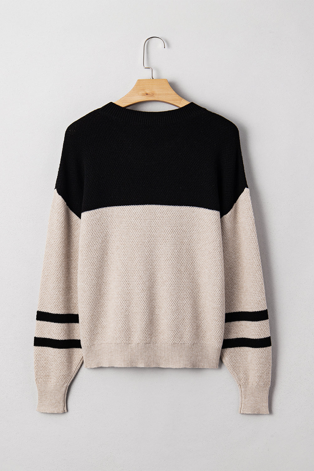 Parchment Color Block Knit Striped Sleeve Detail Casual Sweater