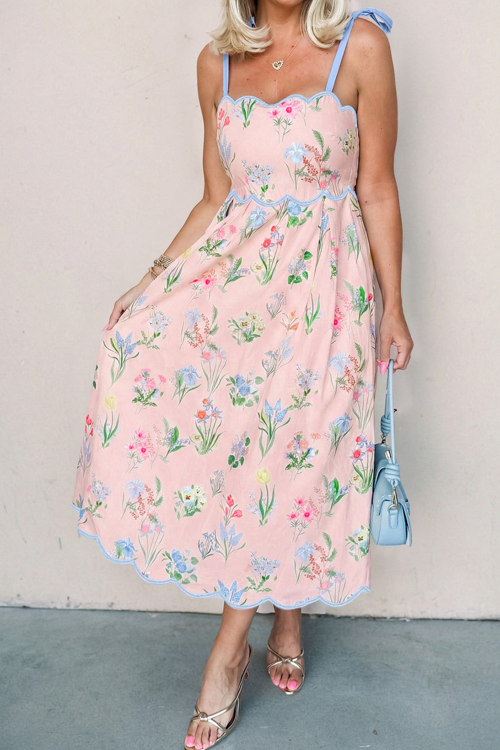 Floral Print Contrast Trim Self-tie Straps Dress