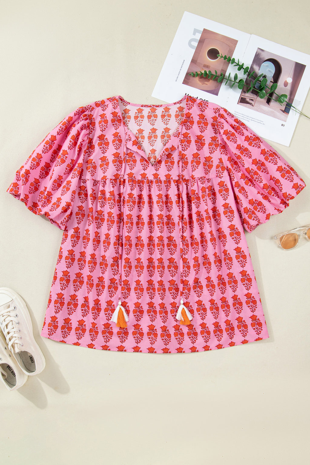 Pink Plus Size Floral Print Blouse