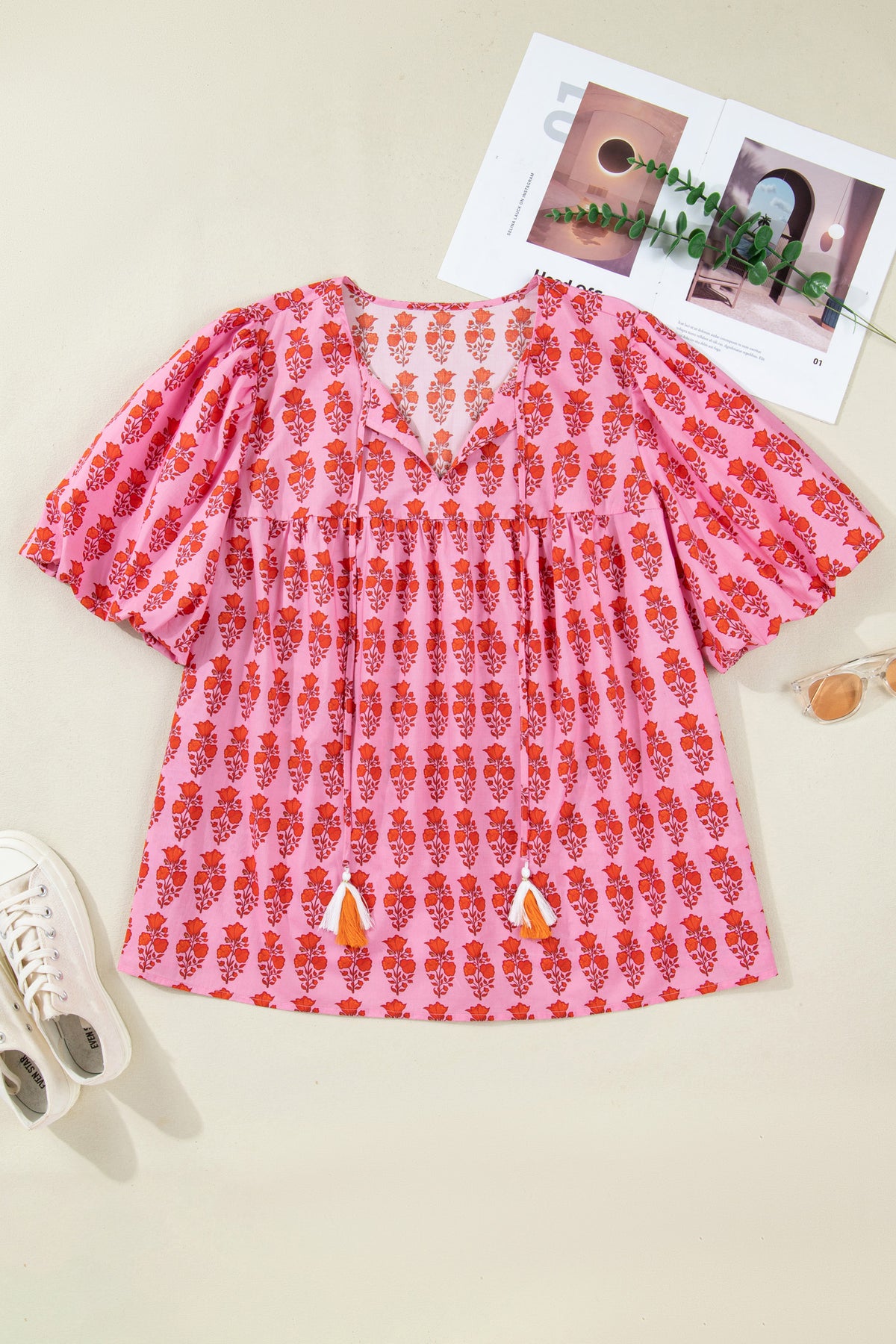 Pink Plus Size Floral Print Blouse