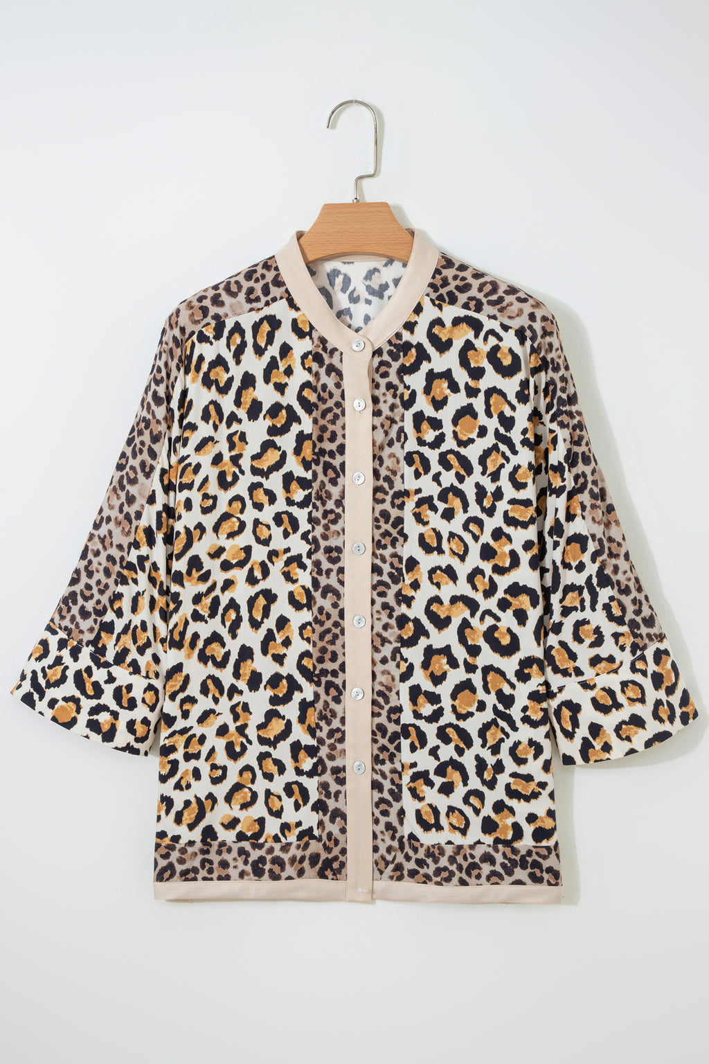 Khaki Leopard Patchwork 3/4 Sleeve Loose Shirt