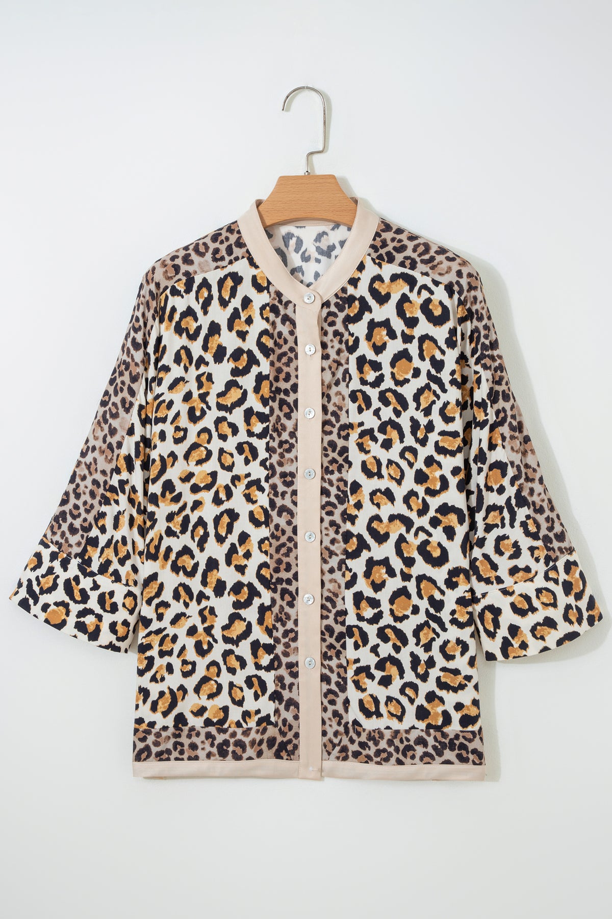 Khaki Leopard Patchwork 3/4 Sleeve Loose Shirt