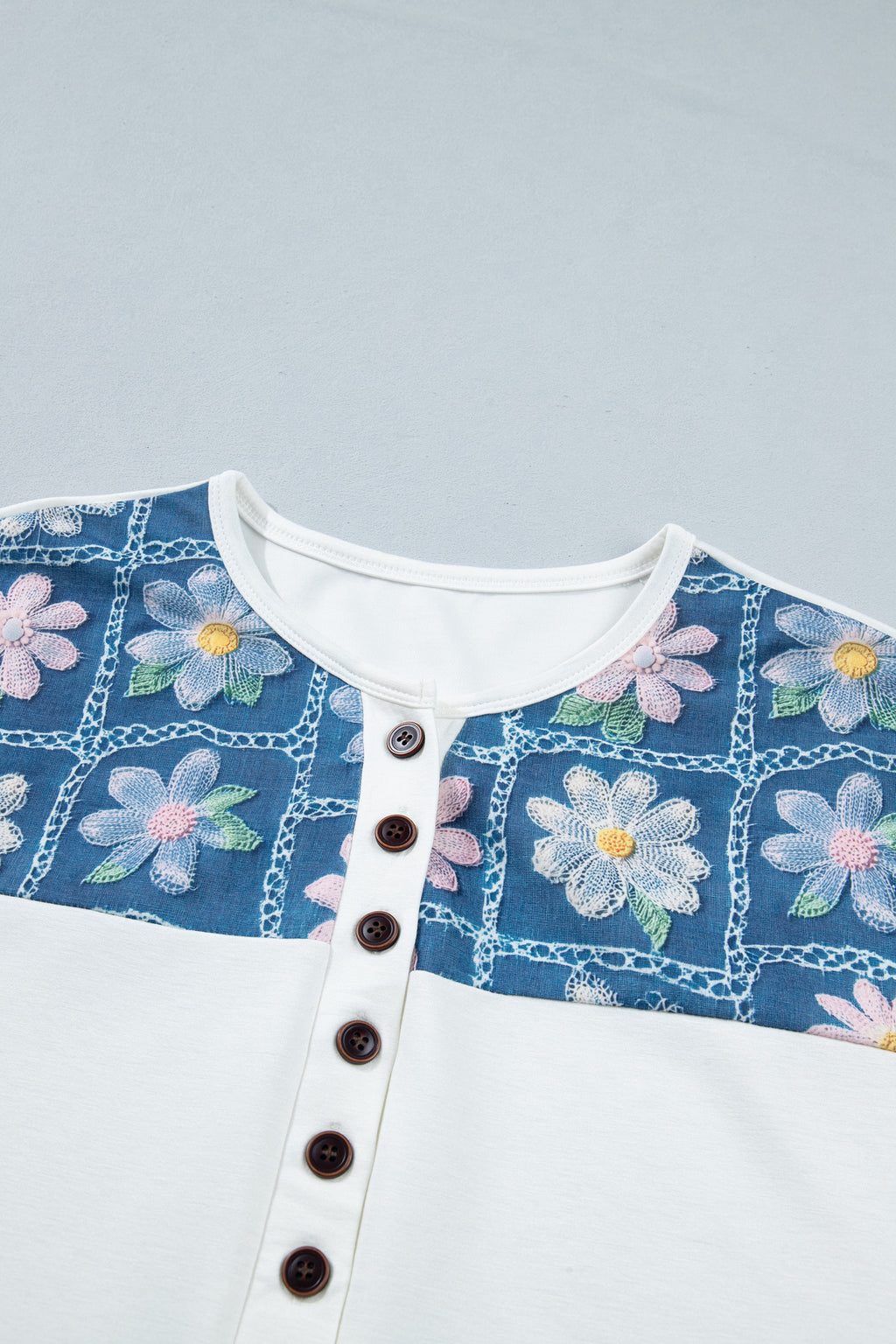 White Floral Patchwork Short Sleeve Blouse