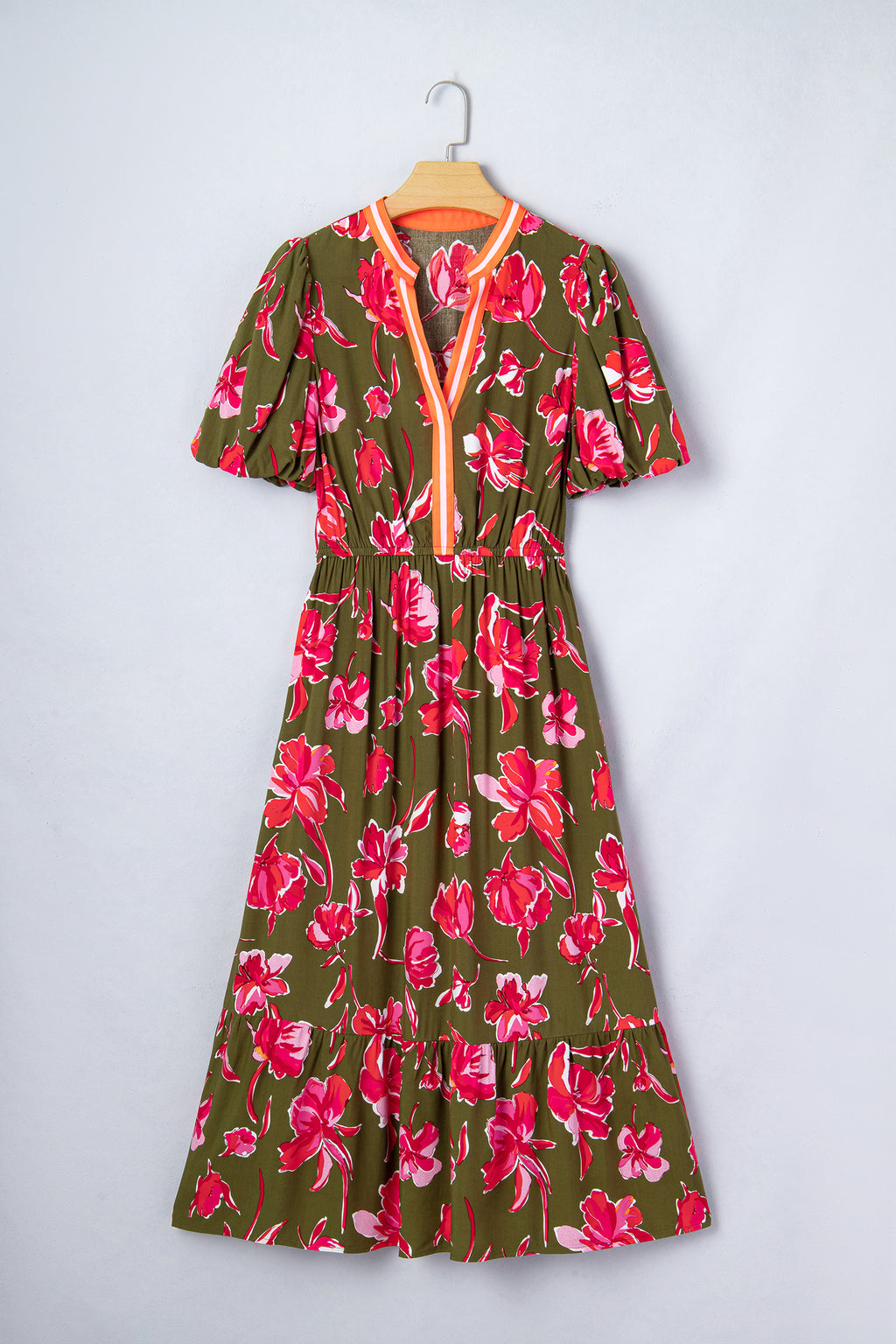 Floral Print Striped Ruffle Hem Maxi Dress
