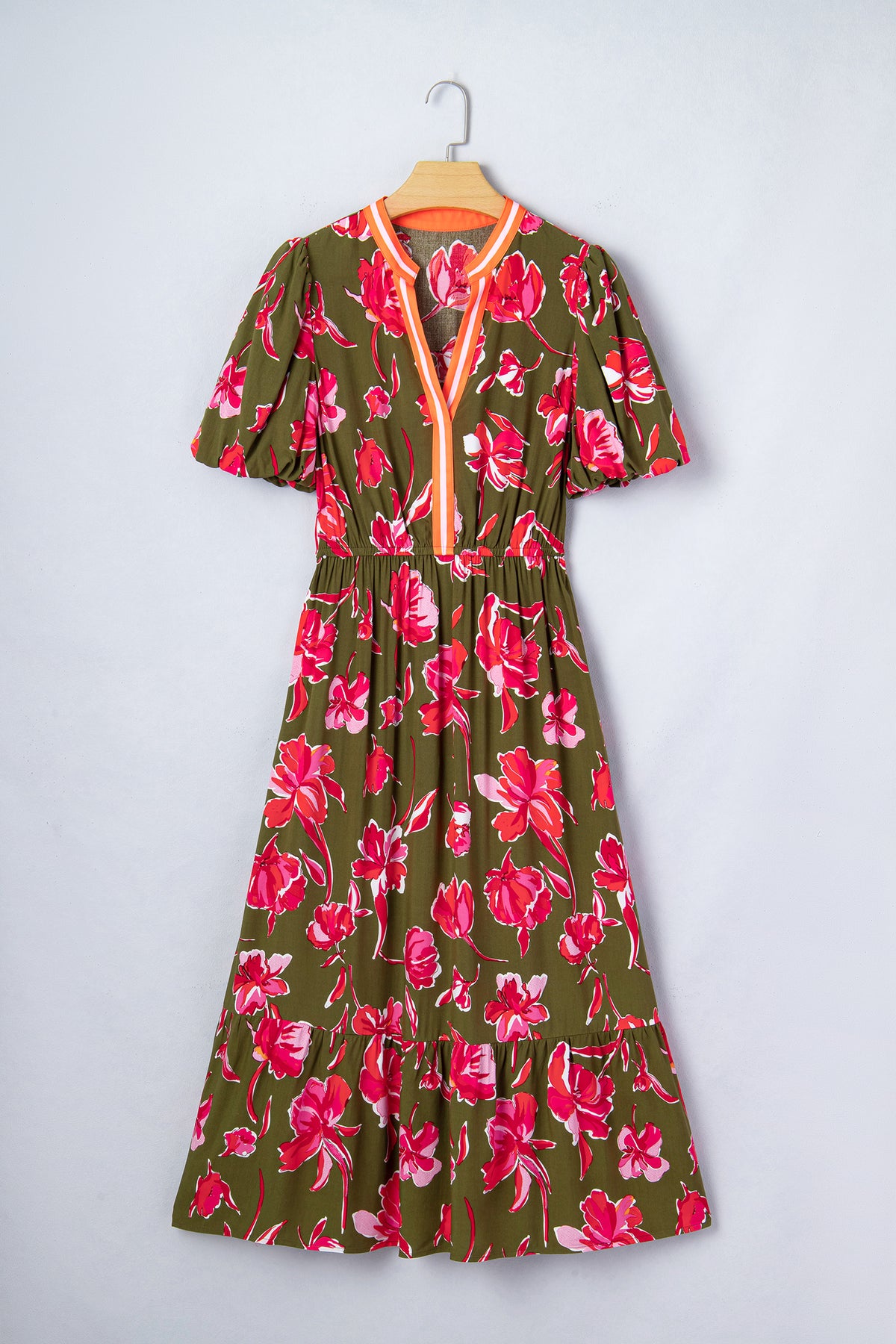 Floral Print Striped Ruffle Hem Maxi Dress