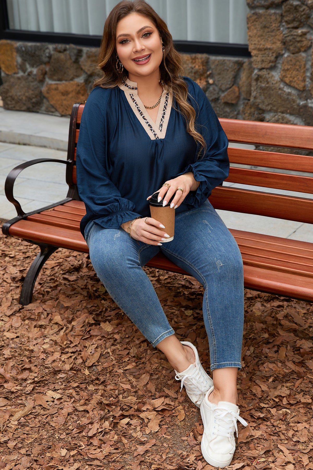 Plus Size Navy Blue Leopard Patchwork Blouse